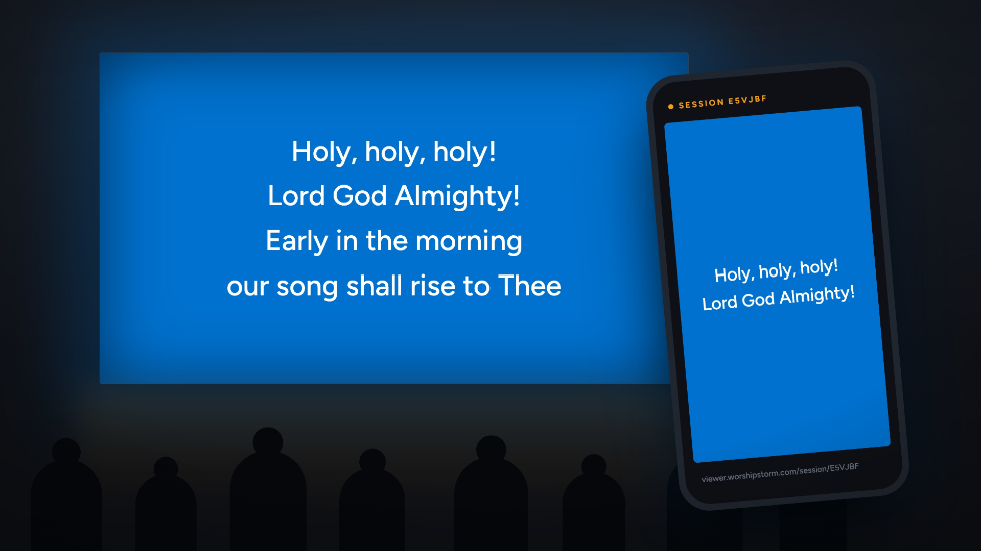 An illustration in the style of the channel teaser: a phone held up in a sanctuary showing the same lyrics as the projection screen behind it, with the Viewer session code and join link on screen.