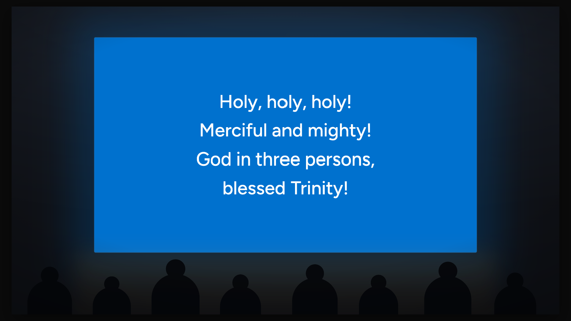 An illustrated frame from the channel teaser: a verse of "Holy, Holy, Holy" projected on a sanctuary screen in front of a seated congregation.