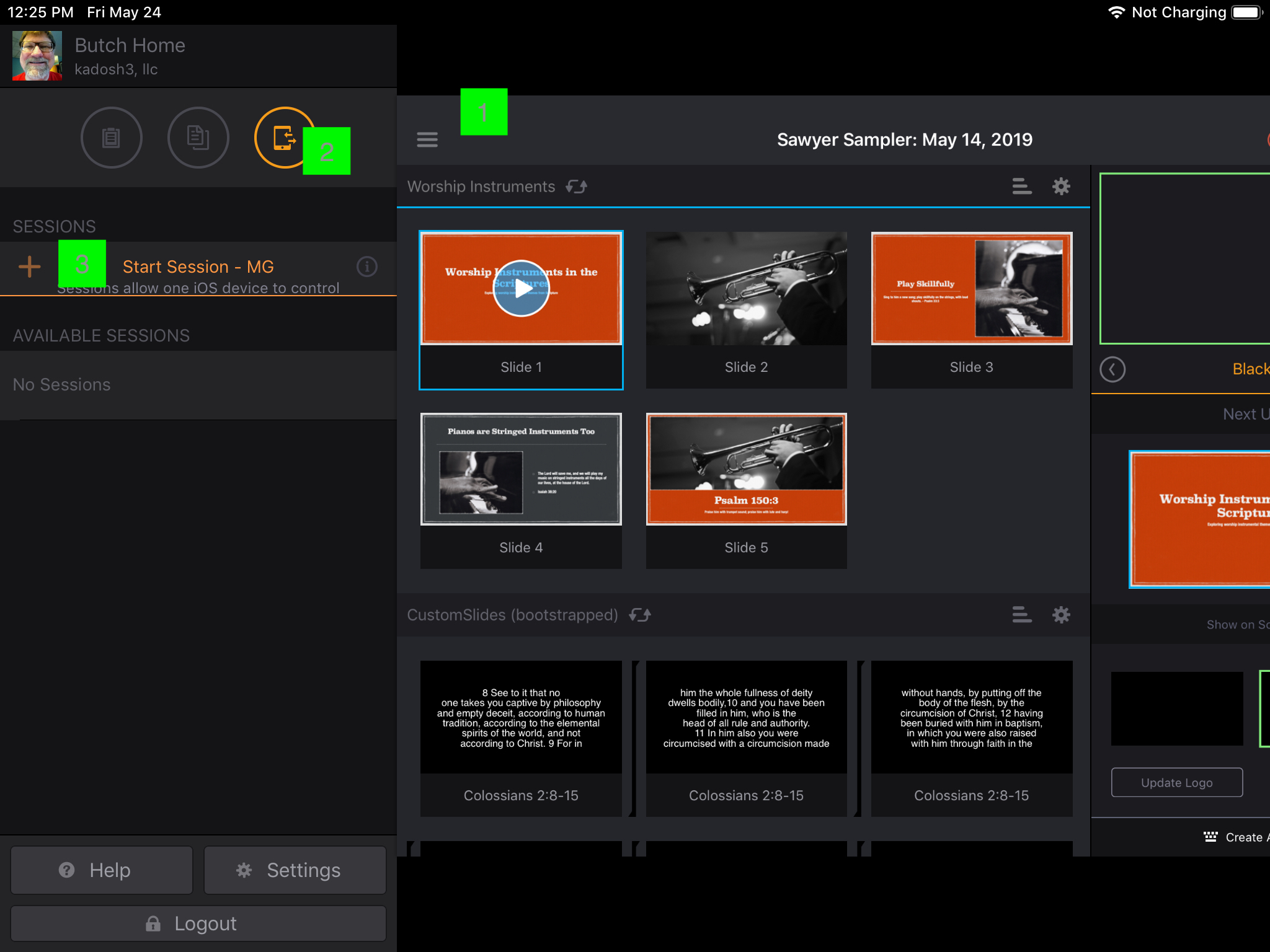 The sidebar on the master iPad with the Sessions button marked and 'Start Session' highlighted, above an empty Available Sessions list