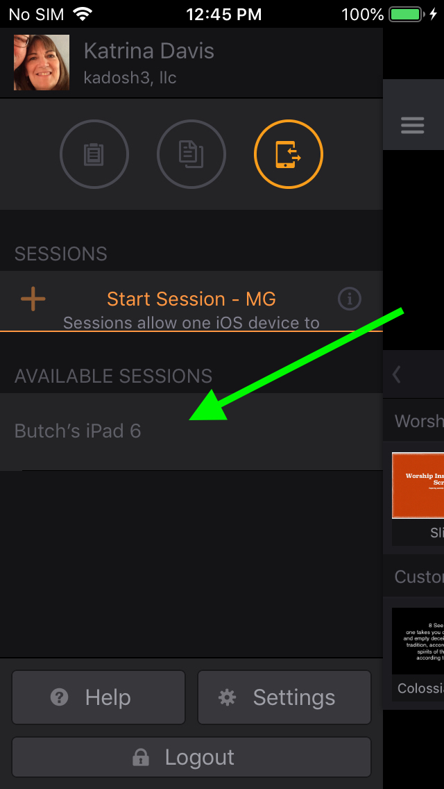 The sidebar on a second device, with the master iPad listed under Available Sessions