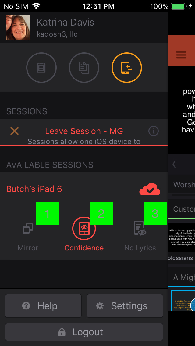 The sidebar after joining, showing Leave Session and the three client display modes — Mirror, Confidence and No Lyrics — with Confidence selected
