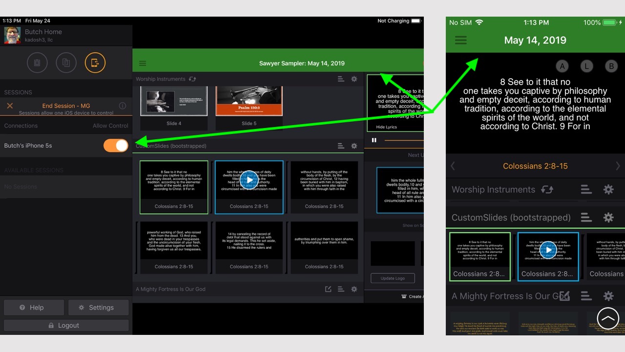 A master iPad and a connected iPhone side by side, the iPad sidebar showing an Allow Control switch for the phone, and both devices displaying the same slide