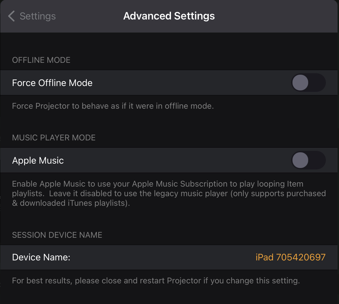 The Advanced Settings screen showing Force Offline Mode, a Music Player Mode switch for Apple Music, and the Session Device Name field with an auto-generated name