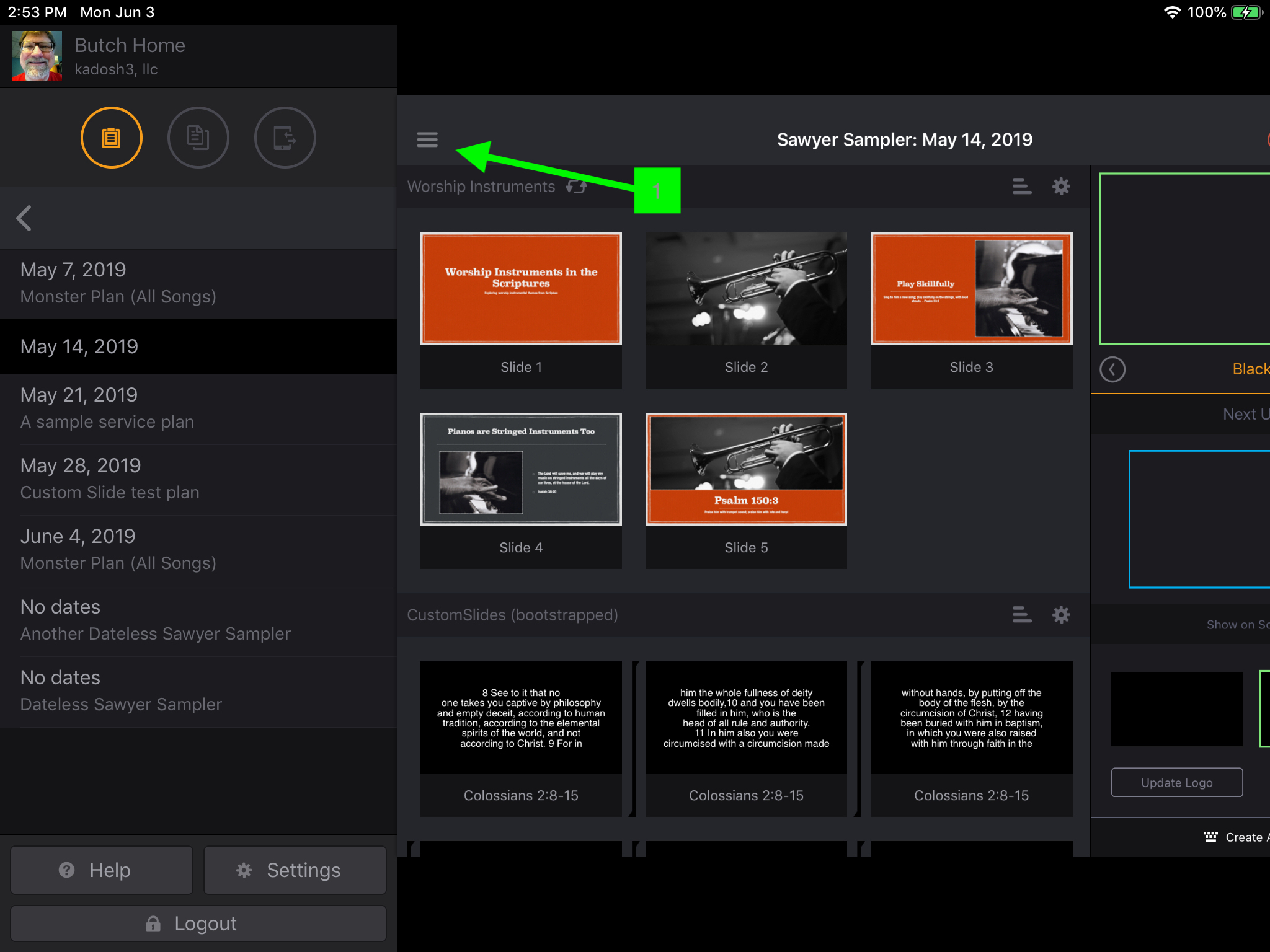 The sidebar open on the plan screen, with the menu button marked