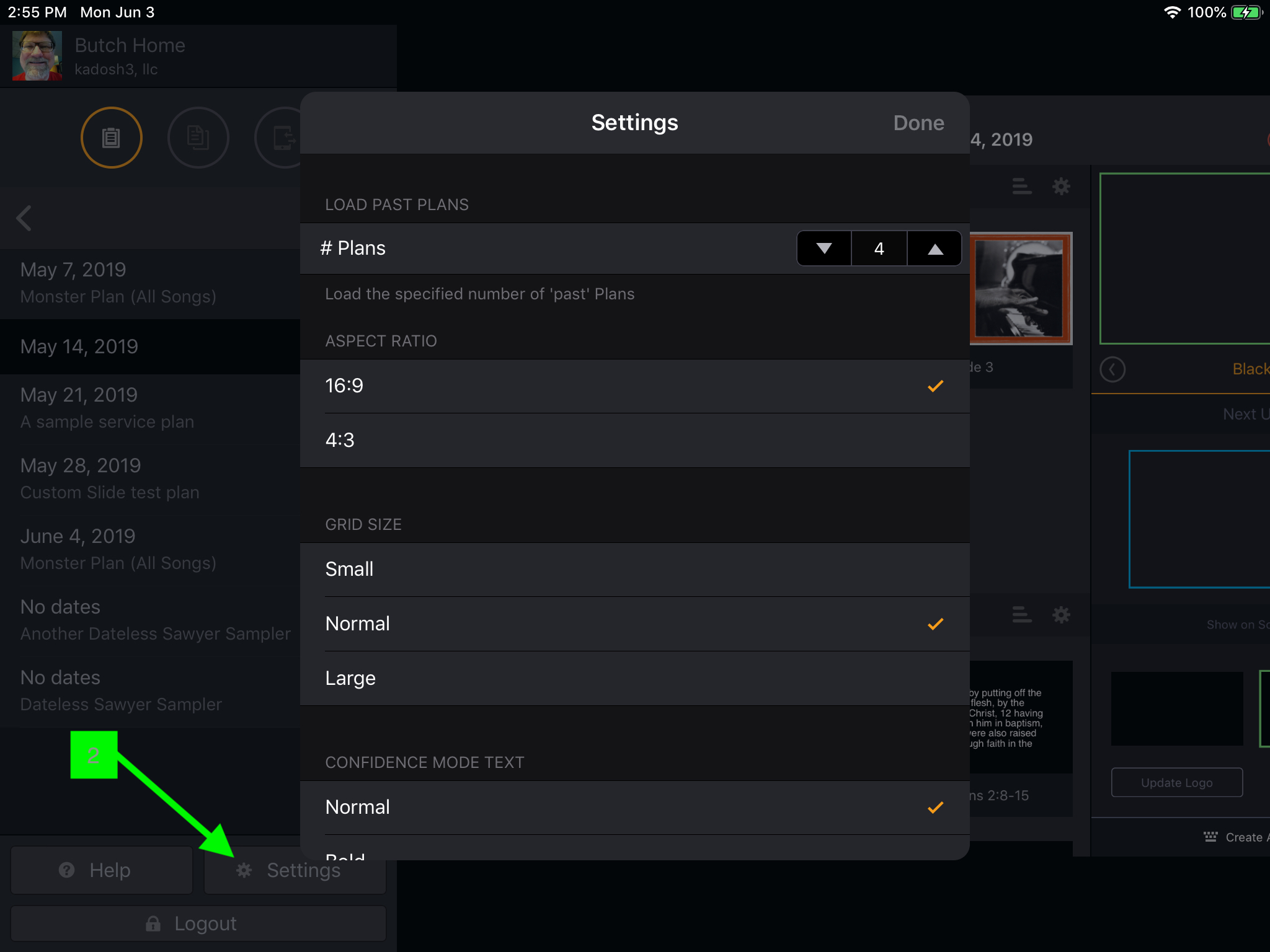 The Settings panel showing Load Past Plans, Aspect Ratio (16:9 selected), Grid Size and Confidence Mode Text, with the Settings button marked