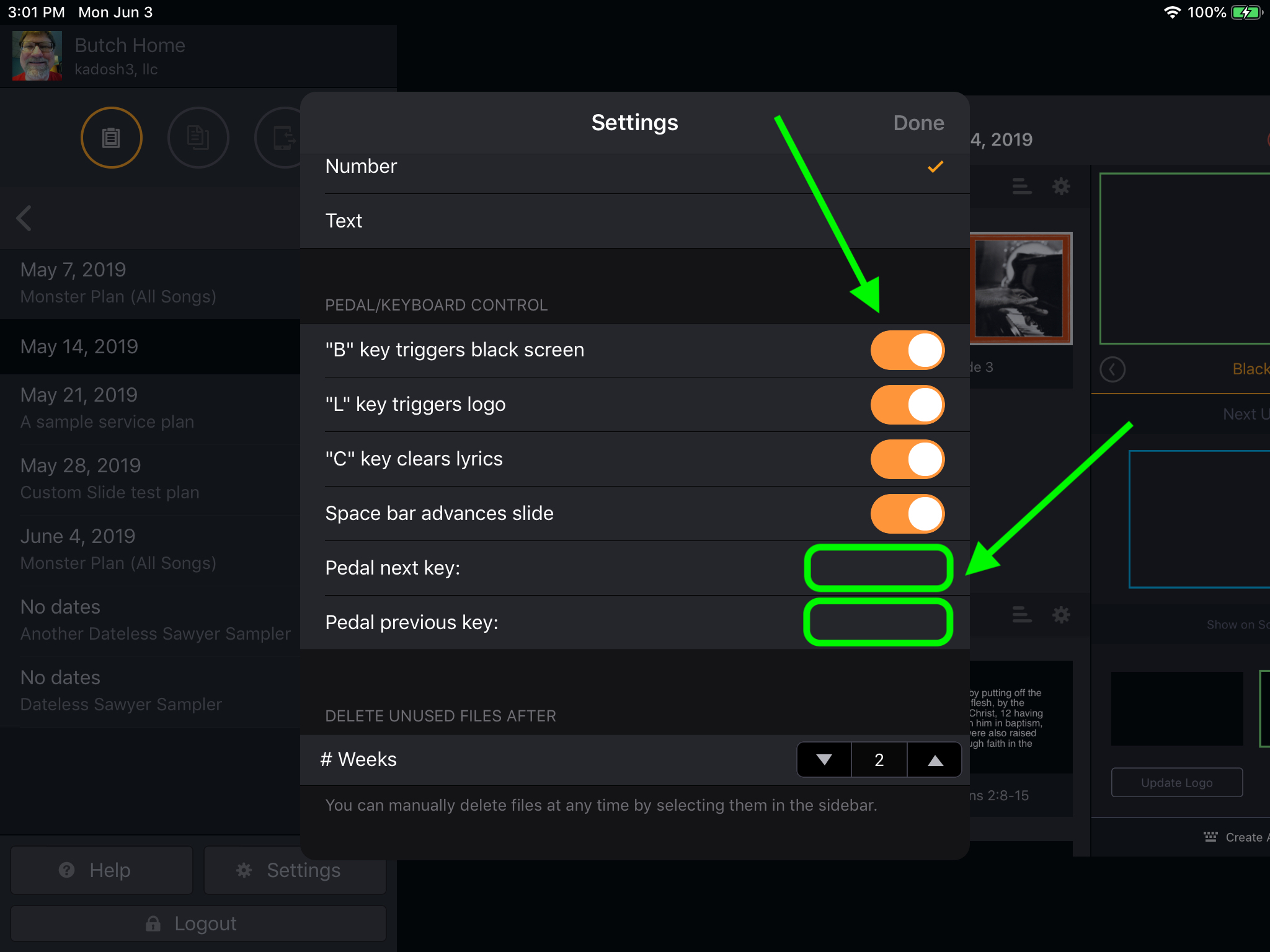 The Pedal/Keyboard Control settings: switches for the B, L and C keys and the space bar, and empty Pedal next key and Pedal previous key fields, both highlighted