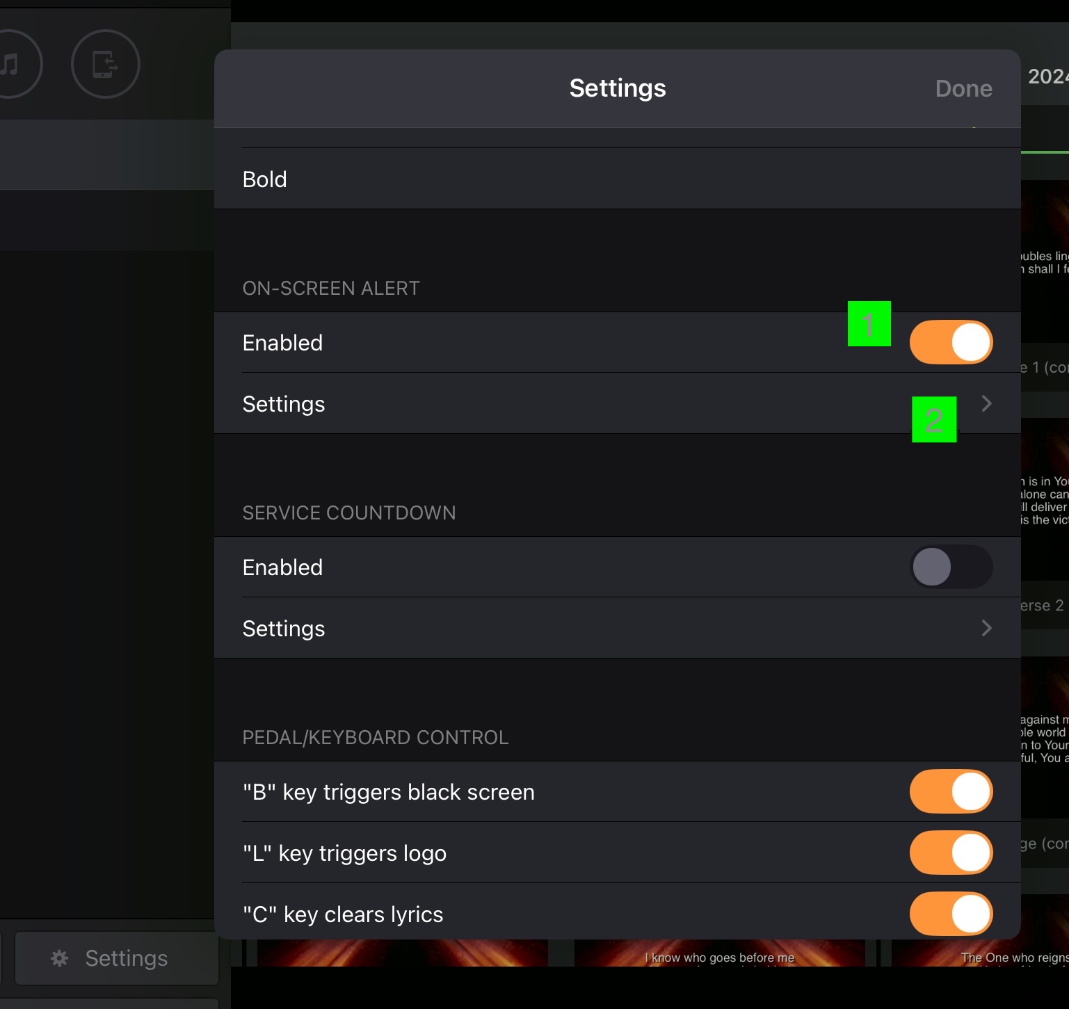 Projector Settings scrolled to the On-Screen Alert section, with the Enabled switch turned on and its Settings row marked, above Service Countdown and Pedal/Keyboard Control