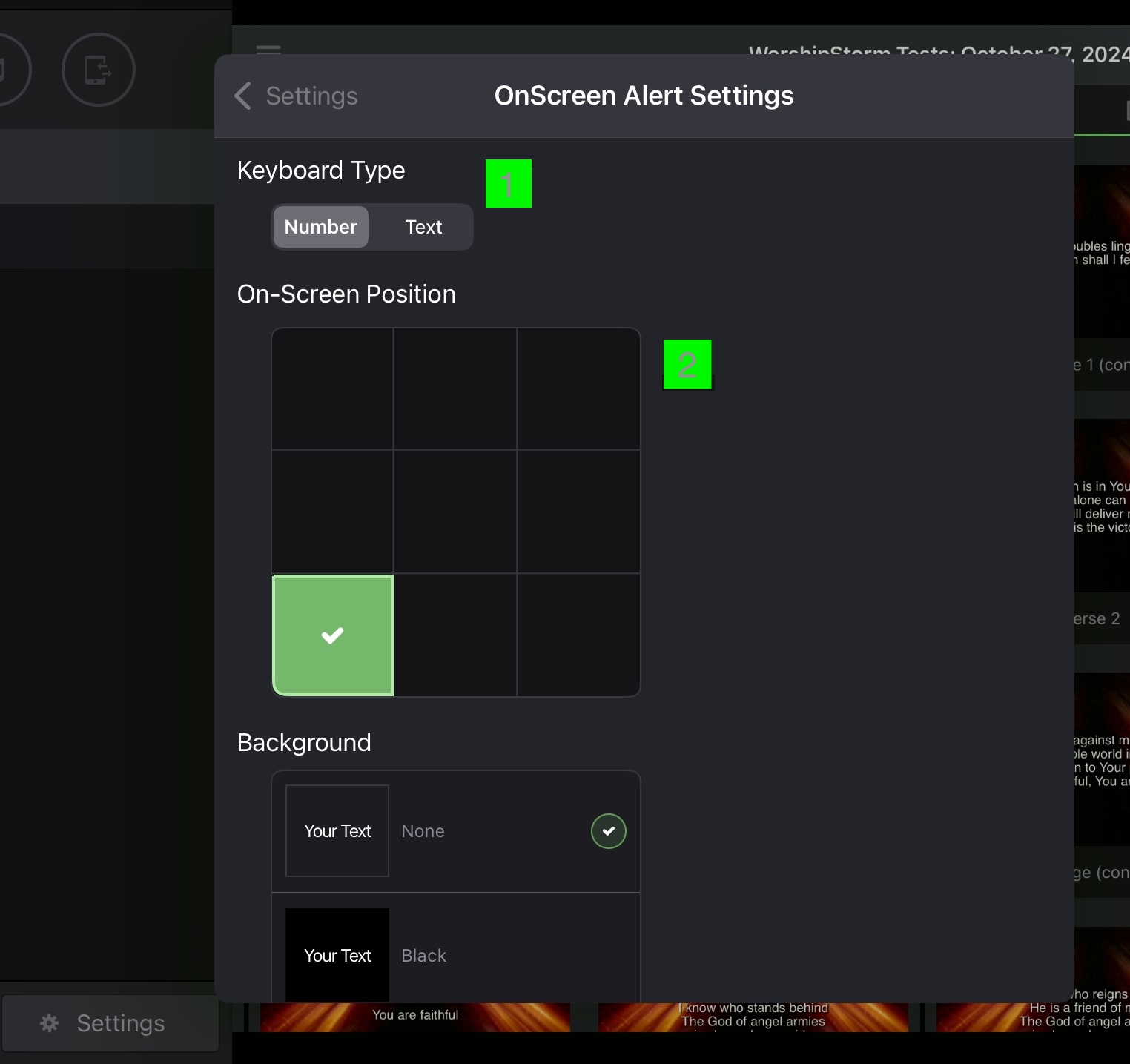 The OnScreen Alert Settings screen: a Keyboard Type selector set to Number, a three-by-three On-Screen Position grid with the bottom-left cell chosen, and the start of the Background options