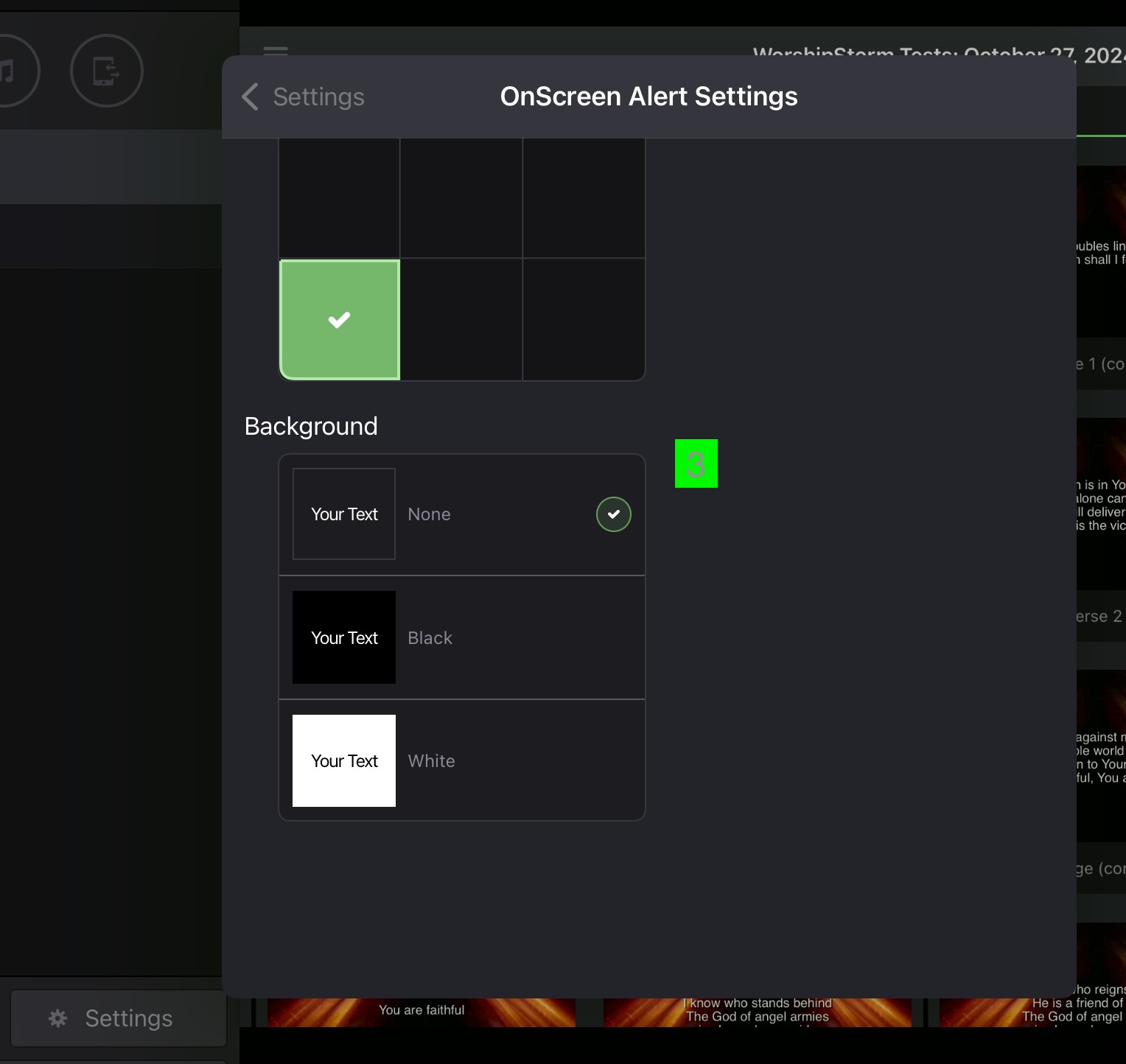The Background options for an alert — None (selected), Black, and White — each previewed with sample text