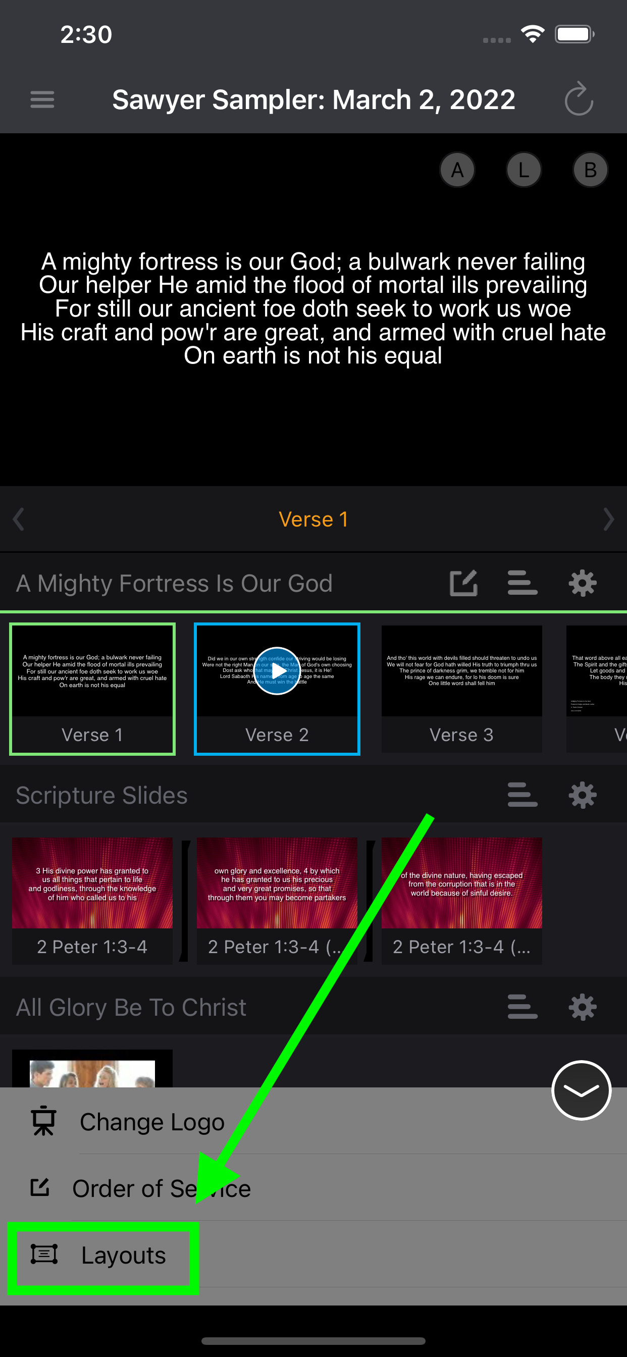 The plan screen on iPhone with the options menu open, showing Change Logo, Order of Service and Layouts, with Layouts highlighted