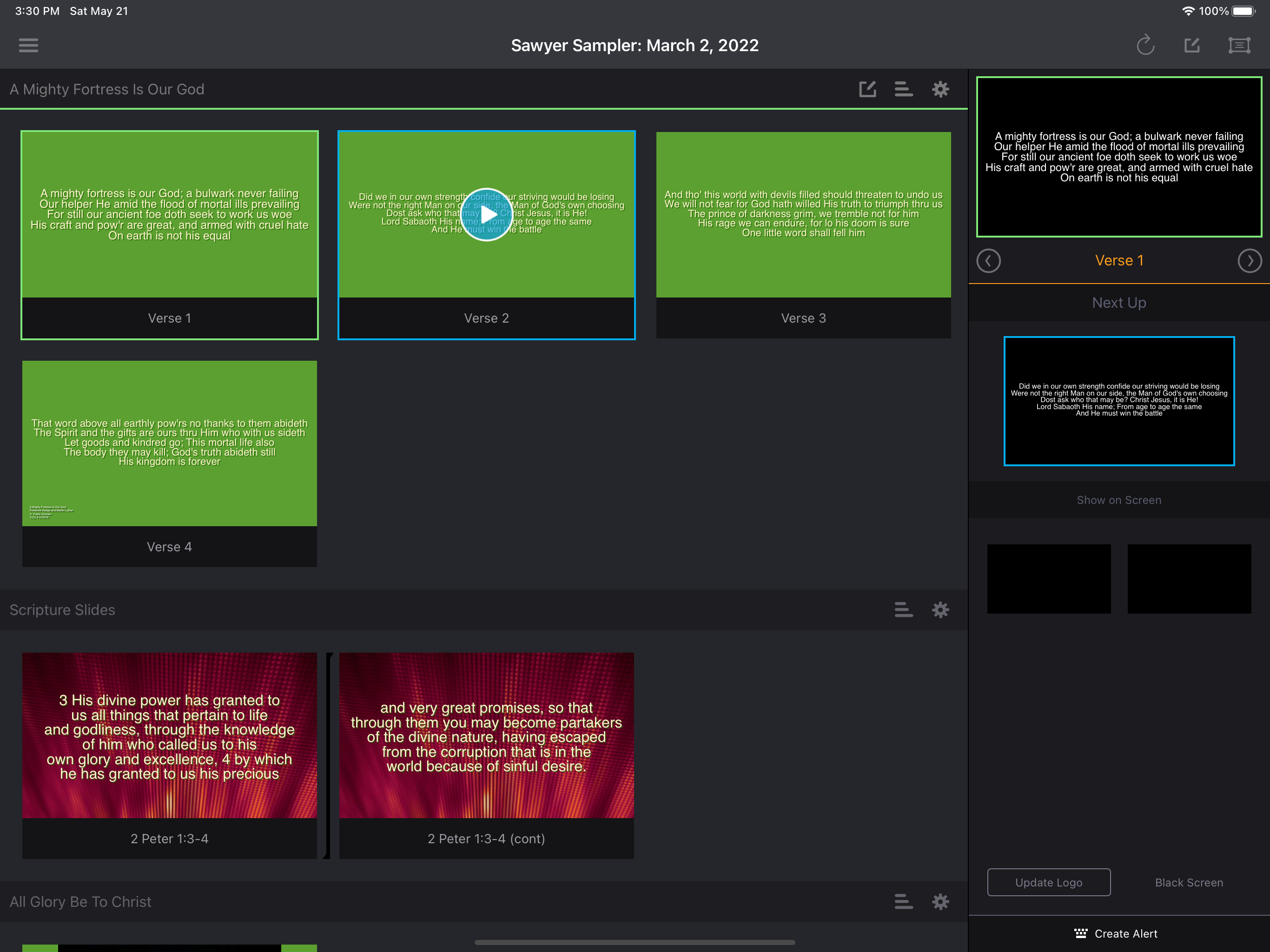 The plan after applying the layout, with every song slide now using the green Earth layout