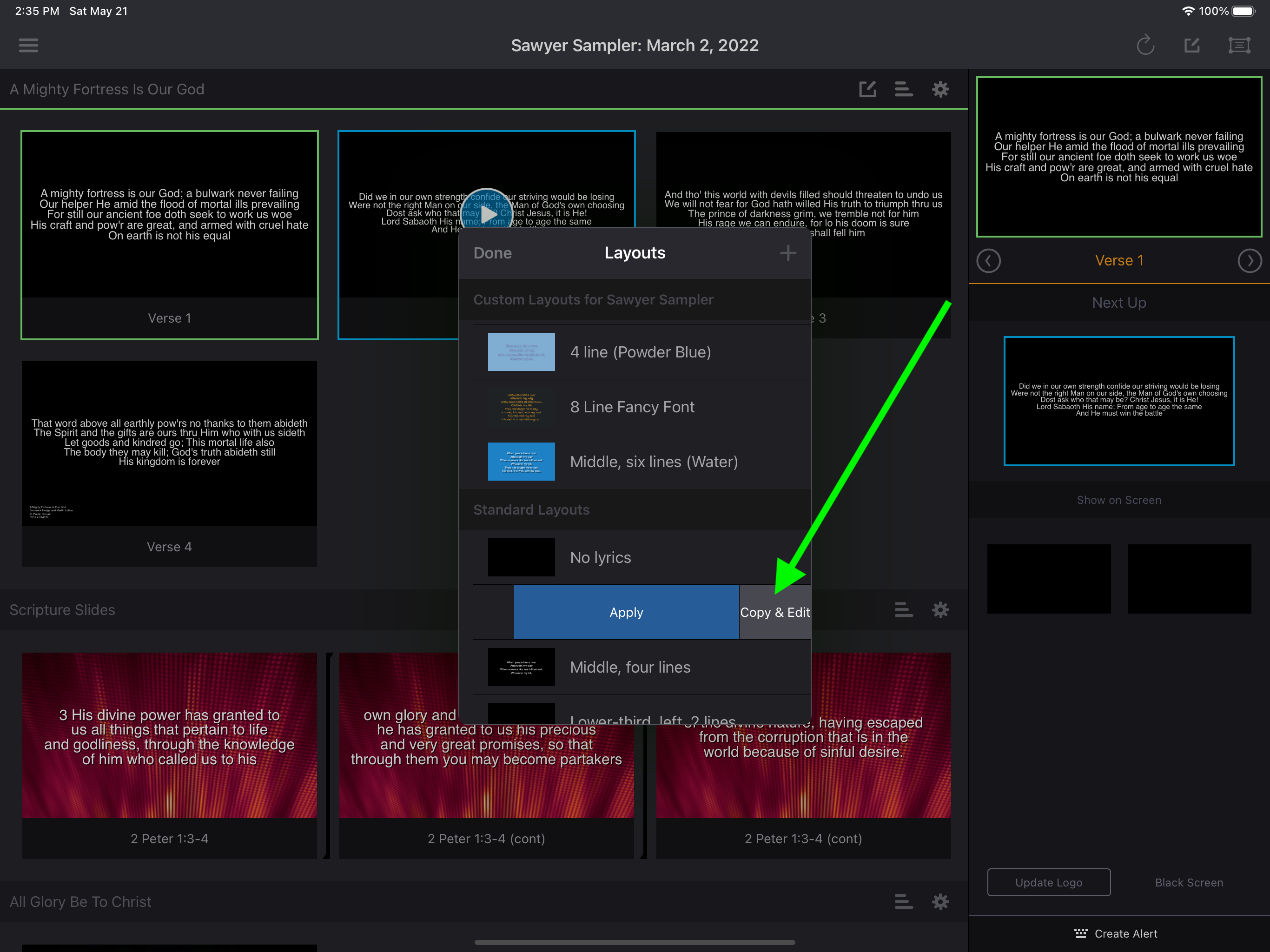 The Layouts panel with a standard layout selected, showing the Apply and Copy & Edit buttons