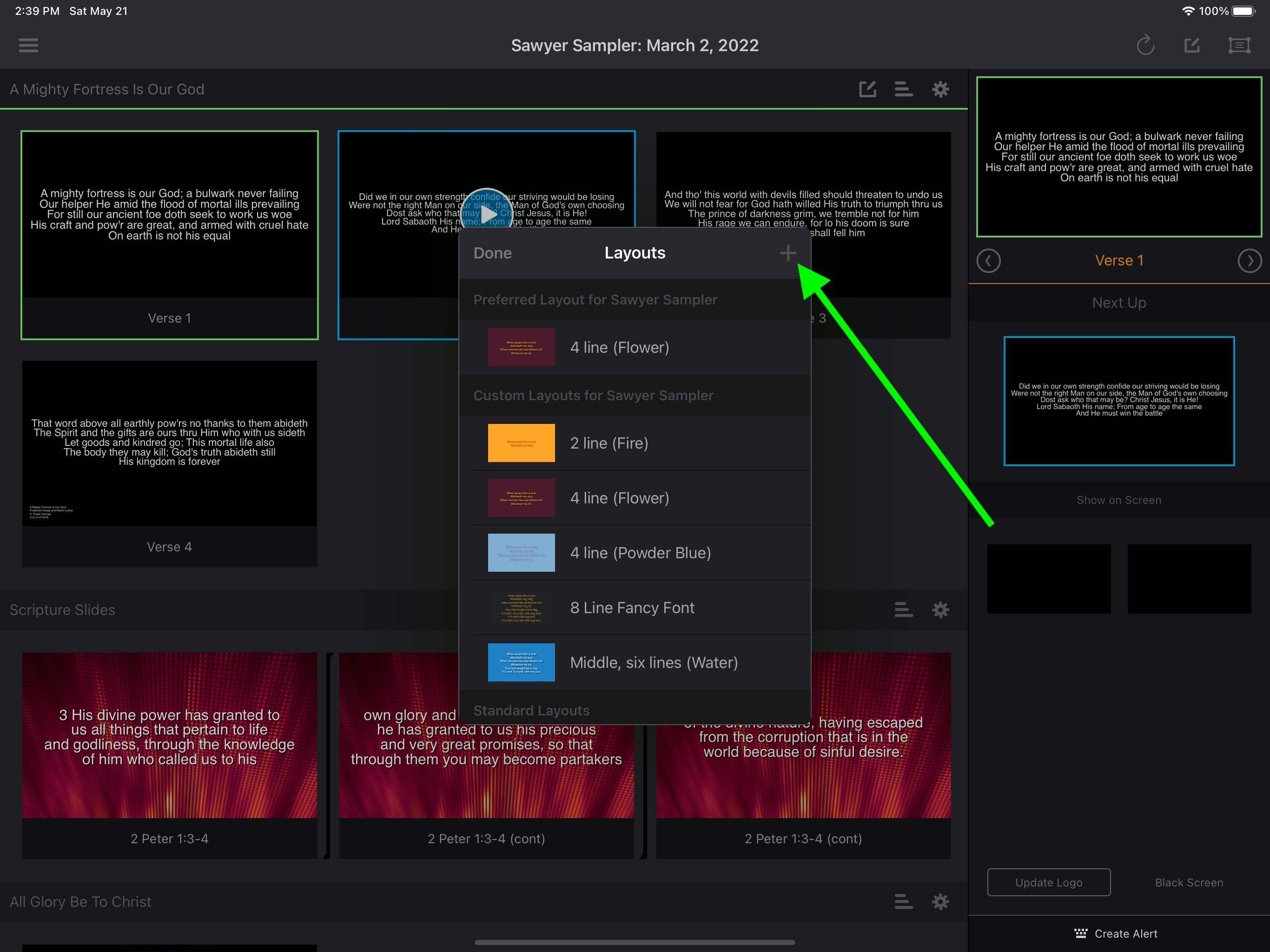 The Layouts panel with the + button in its header highlighted, used to create a custom layout from scratch