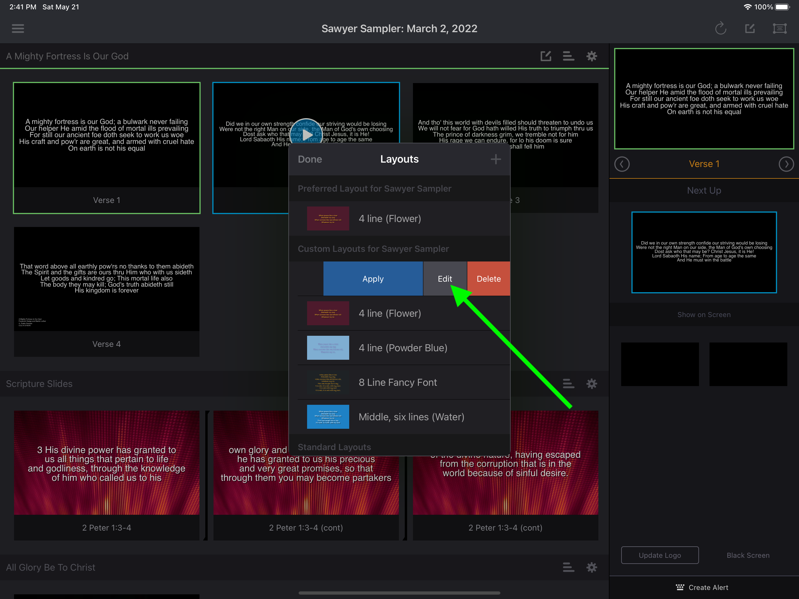The Layouts panel with a custom layout selected, showing Apply, Edit and Delete, with Edit highlighted