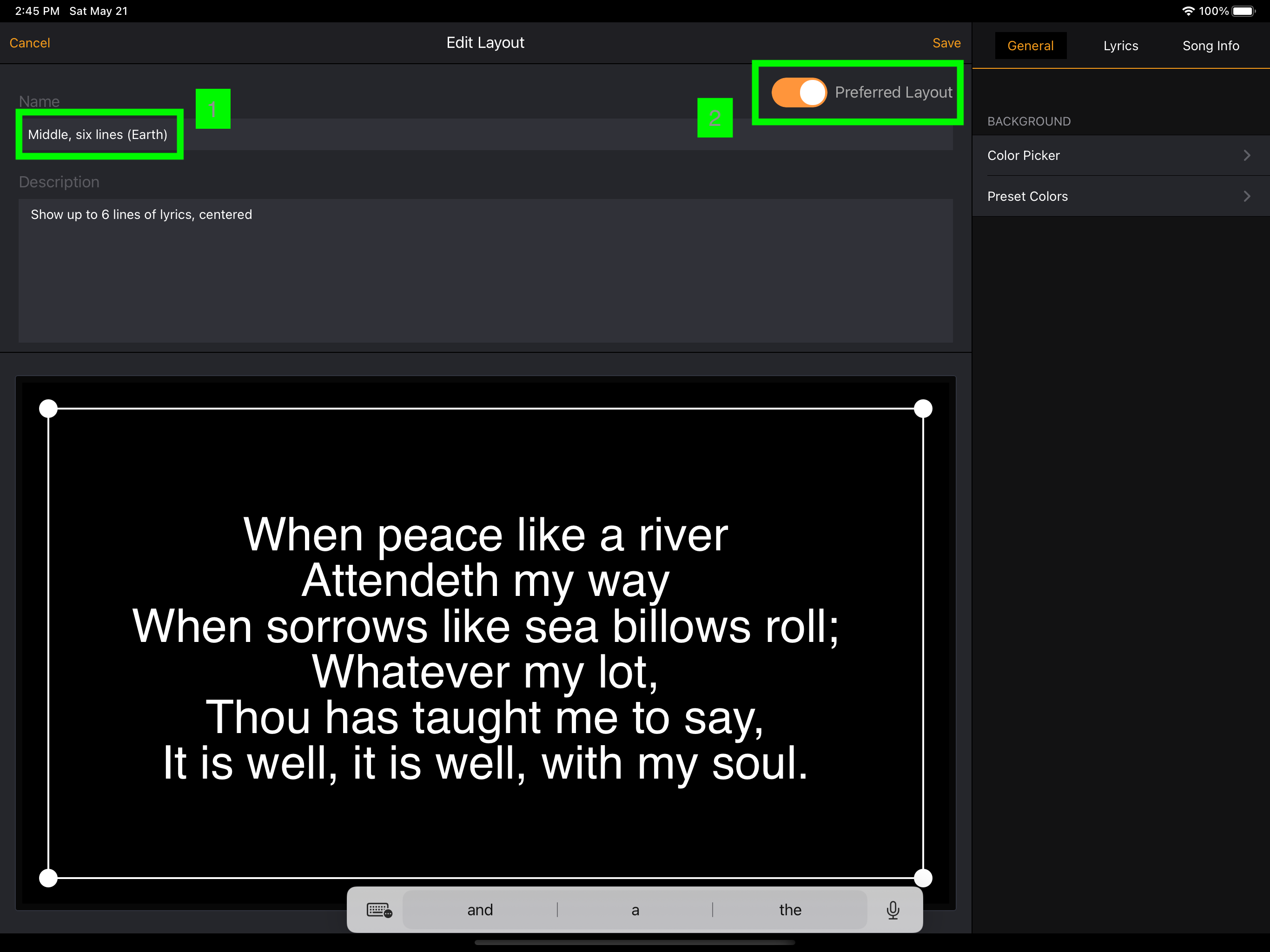 The Edit Layout screen with the layout Name field and the Preferred Layout switch highlighted