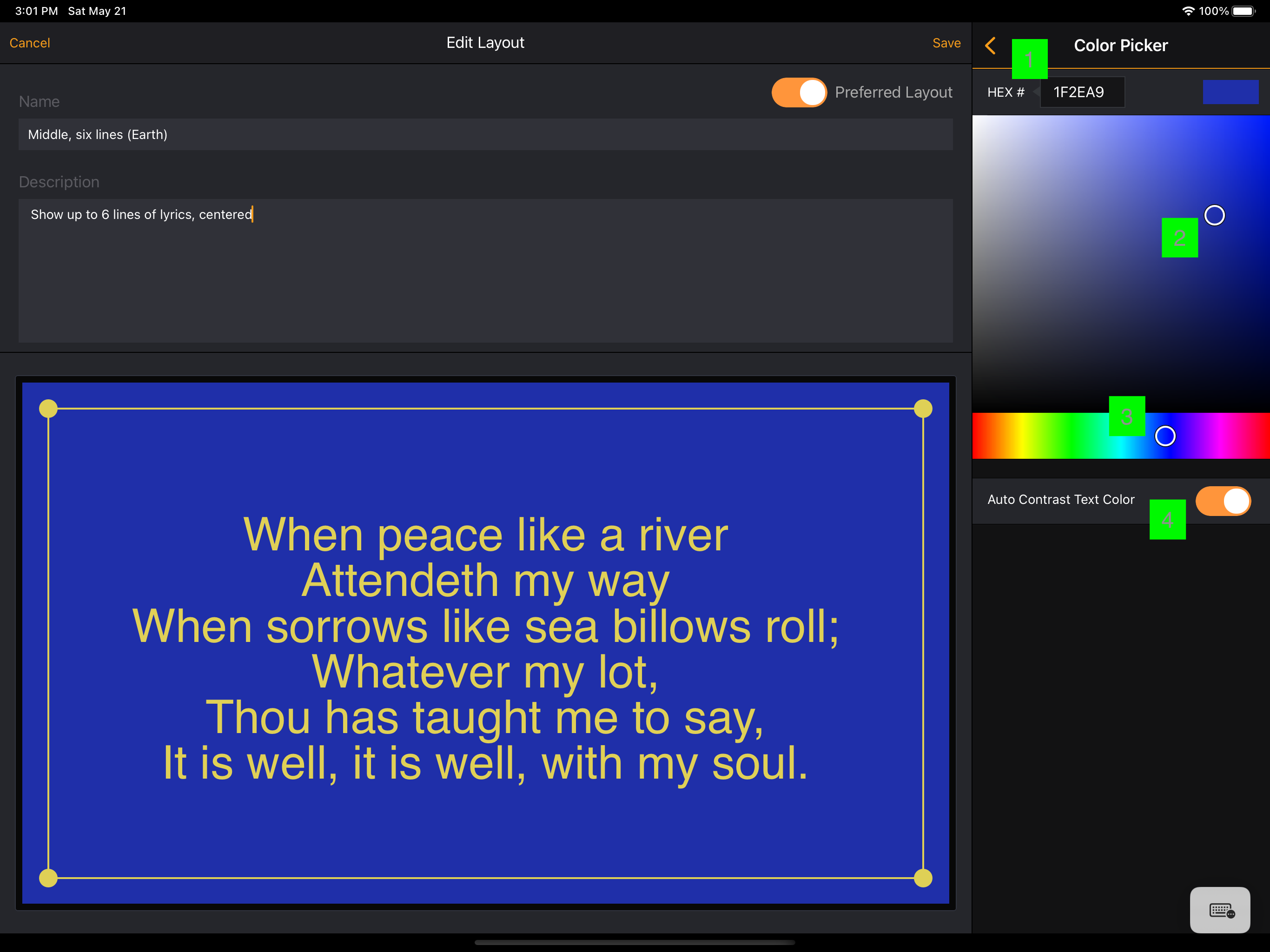 The Color Picker in Edit Layout: a hex field, color gradient, hue slider and an Auto Contrast Text Color switch, with the preview showing yellow lyrics on blue