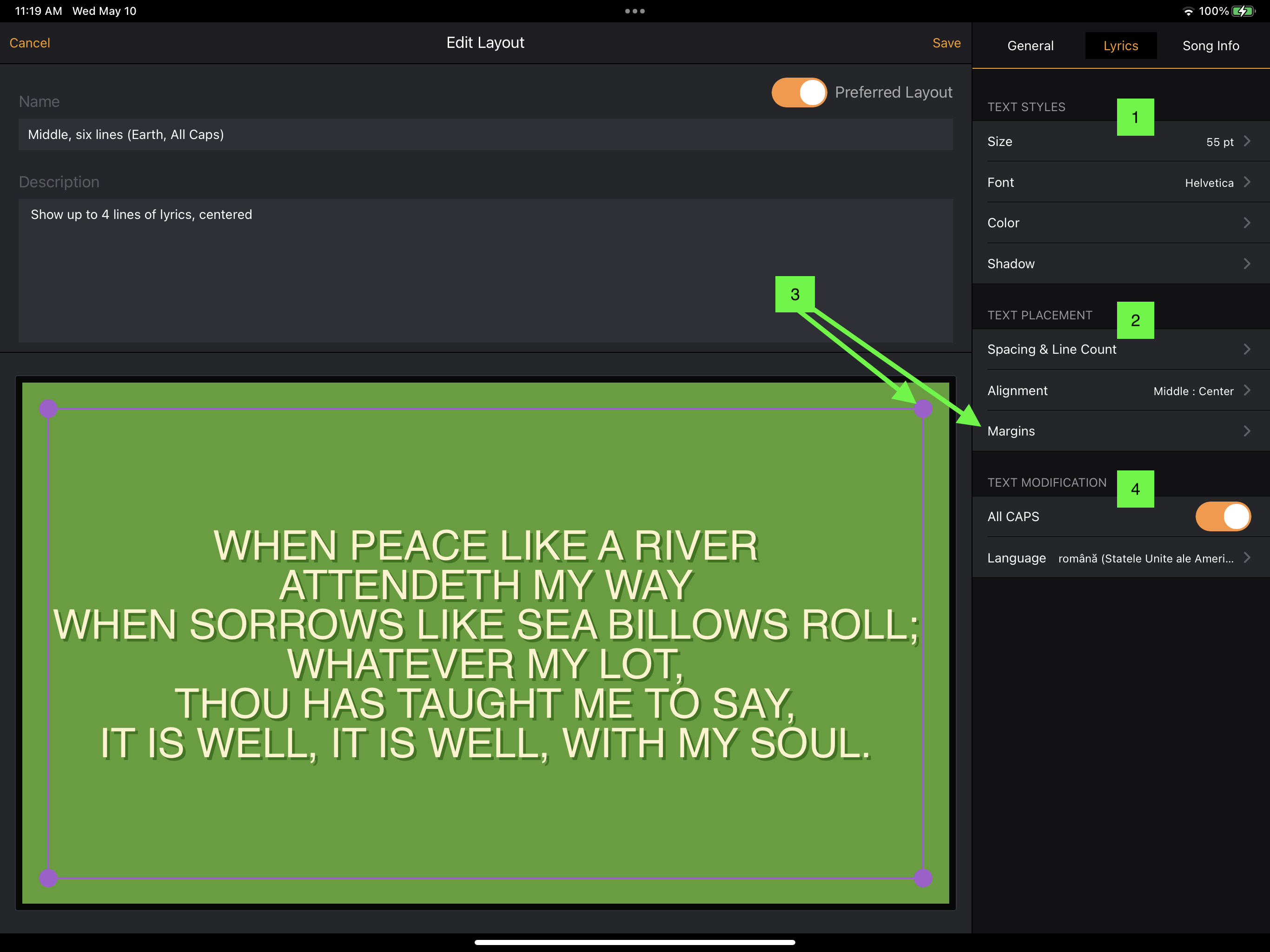 The Lyrics tab of Edit Layout, showing Size, Font, Color and Shadow under Text Styles; Spacing & Line Count, Alignment and Margins under Text Placement; and an All CAPS switch with a Language setting. The preview shows the lyrics in capitals