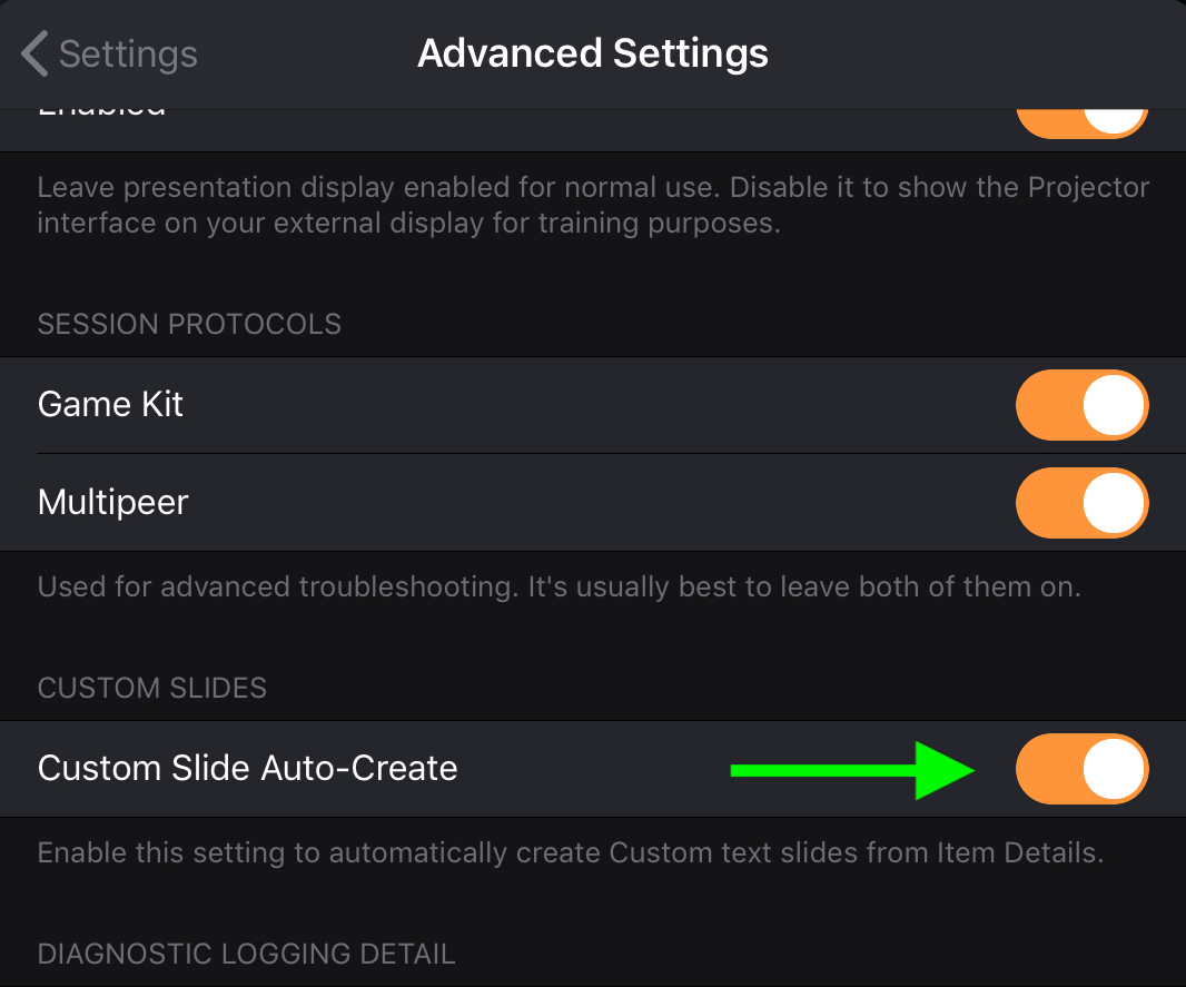 Advanced Settings with the Custom Slide Auto-Create switch turned on, described as automatically creating custom text slides from Item Details