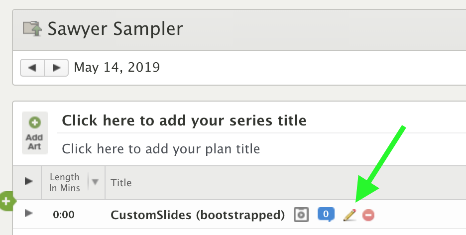 A plan in Planning Center Services with the edit (pencil) icon on an item highlighted