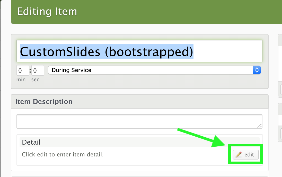 The Editing Item screen in Planning Center, with the edit button beside Item Description → Detail highlighted