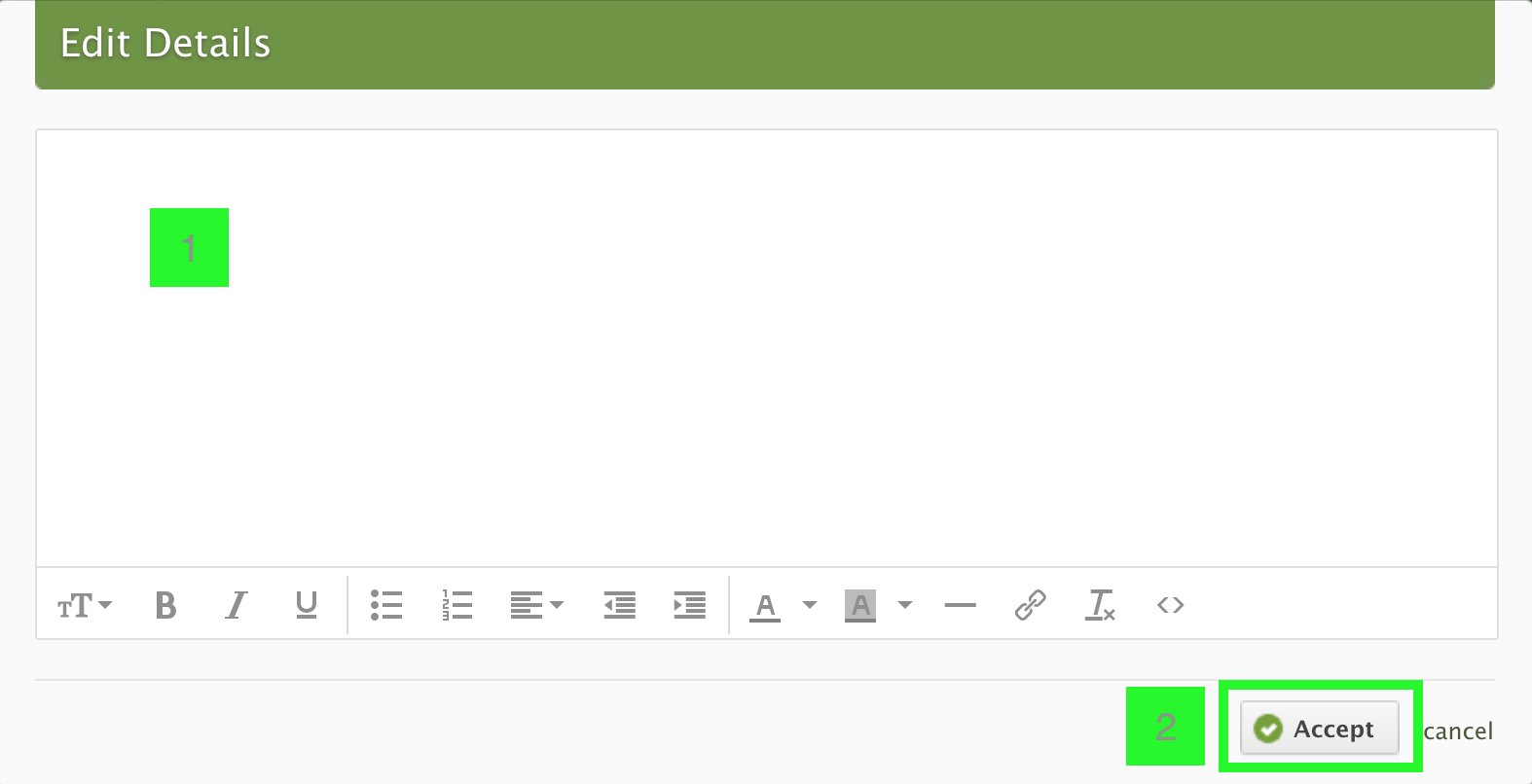 Planning Center's Edit Details rich-text editor, empty, with the Accept button highlighted