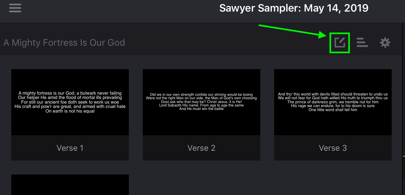 A song's row on the plan screen with the Song Lyrics pencil icon highlighted