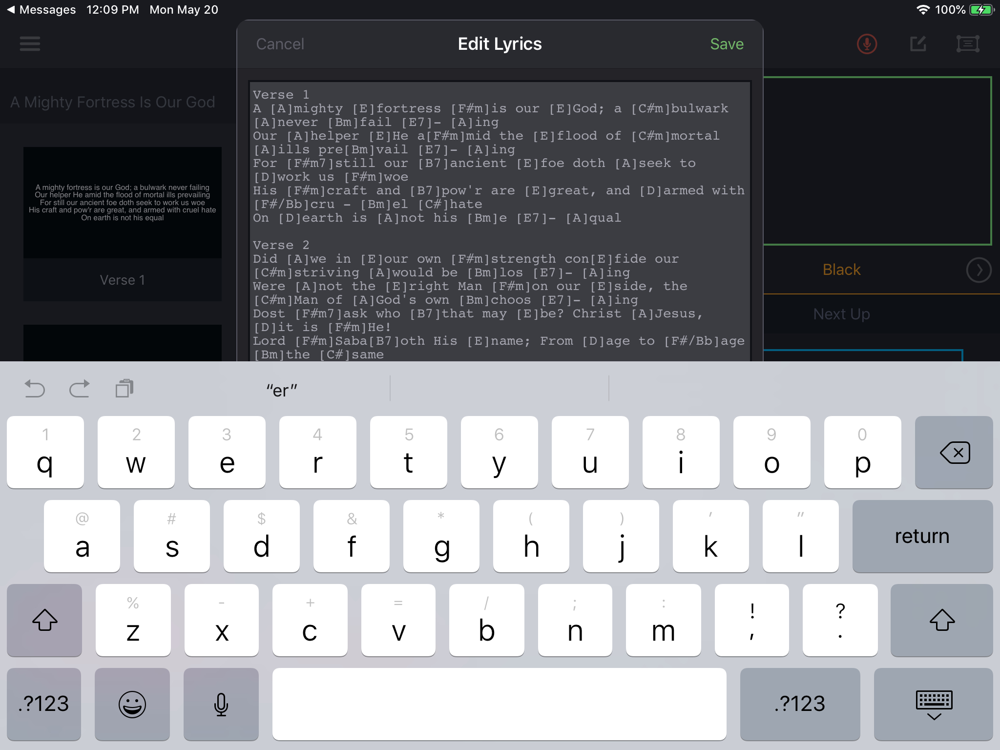 The Edit Lyrics screen showing the song lyrics with ChordPro chord markers in square brackets, and Cancel and Save in the header