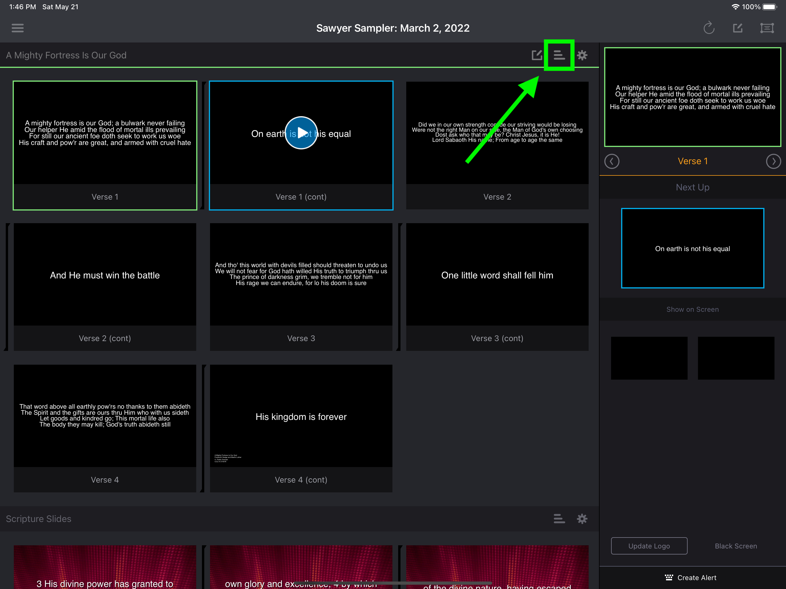 A song on the plan screen with the Sequence Viewer (list) icon highlighted, and verses split across two slides each