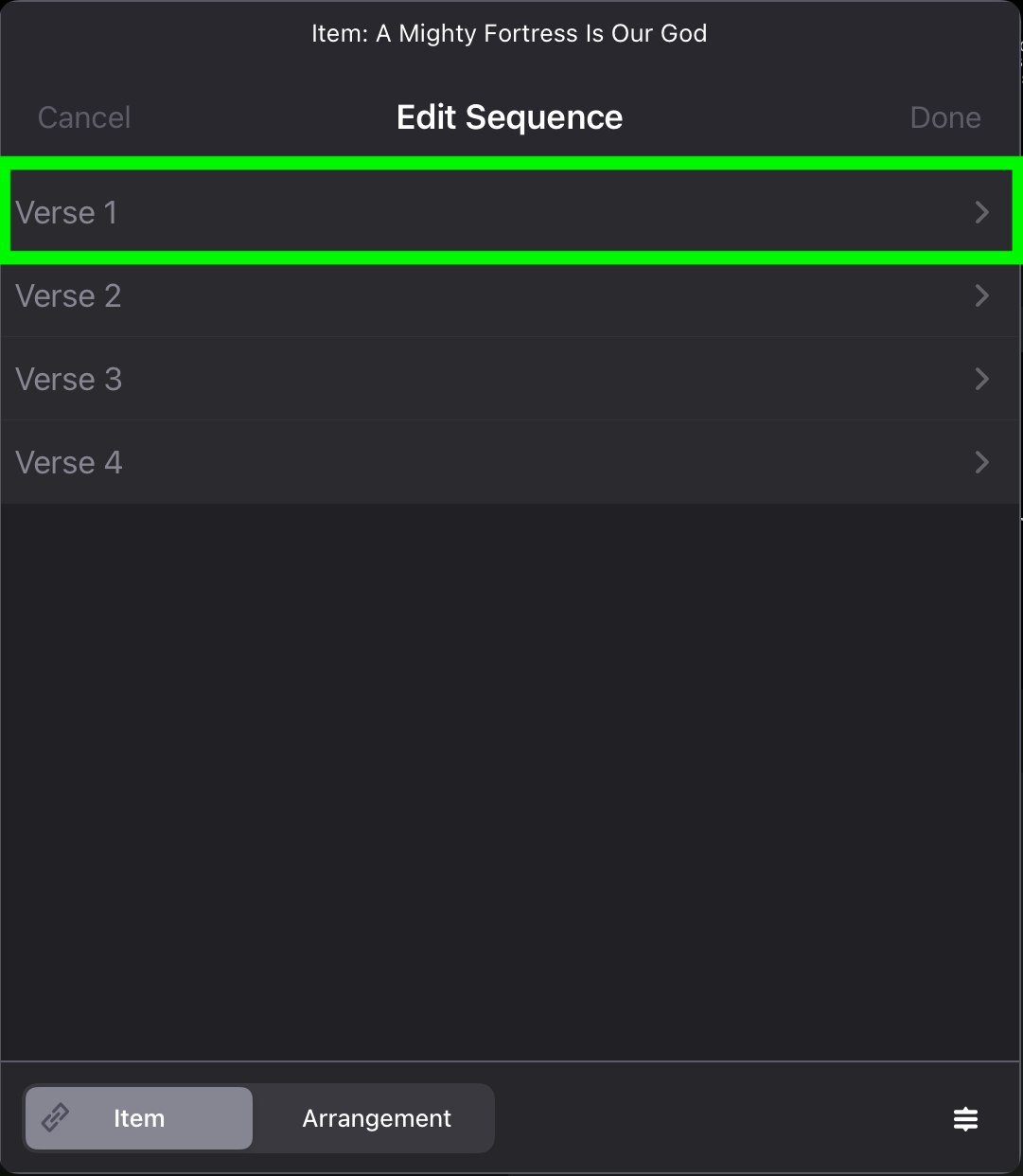 The Edit Sequence panel listing Verse 1 to Verse 4, with Verse 1 highlighted, and an Item / Arrangement selector at the bottom