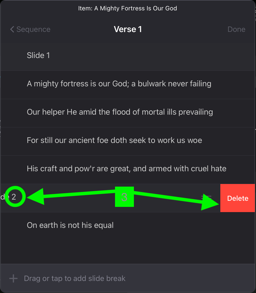 The slide break editor with the red minus tapped on the Slide 2 break, revealing a Delete button