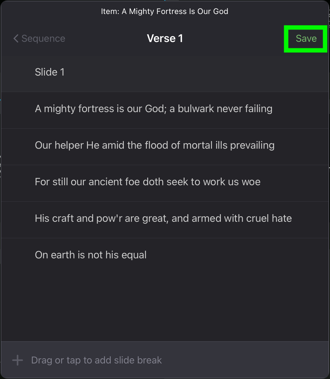 The slide break editor after removing the break, with all five lines of Verse 1 on one slide and Save highlighted
