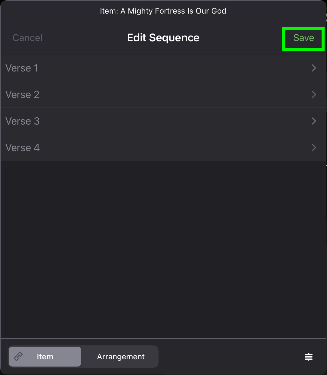 The Edit Sequence panel with Save highlighted, after editing the slide breaks of a section
