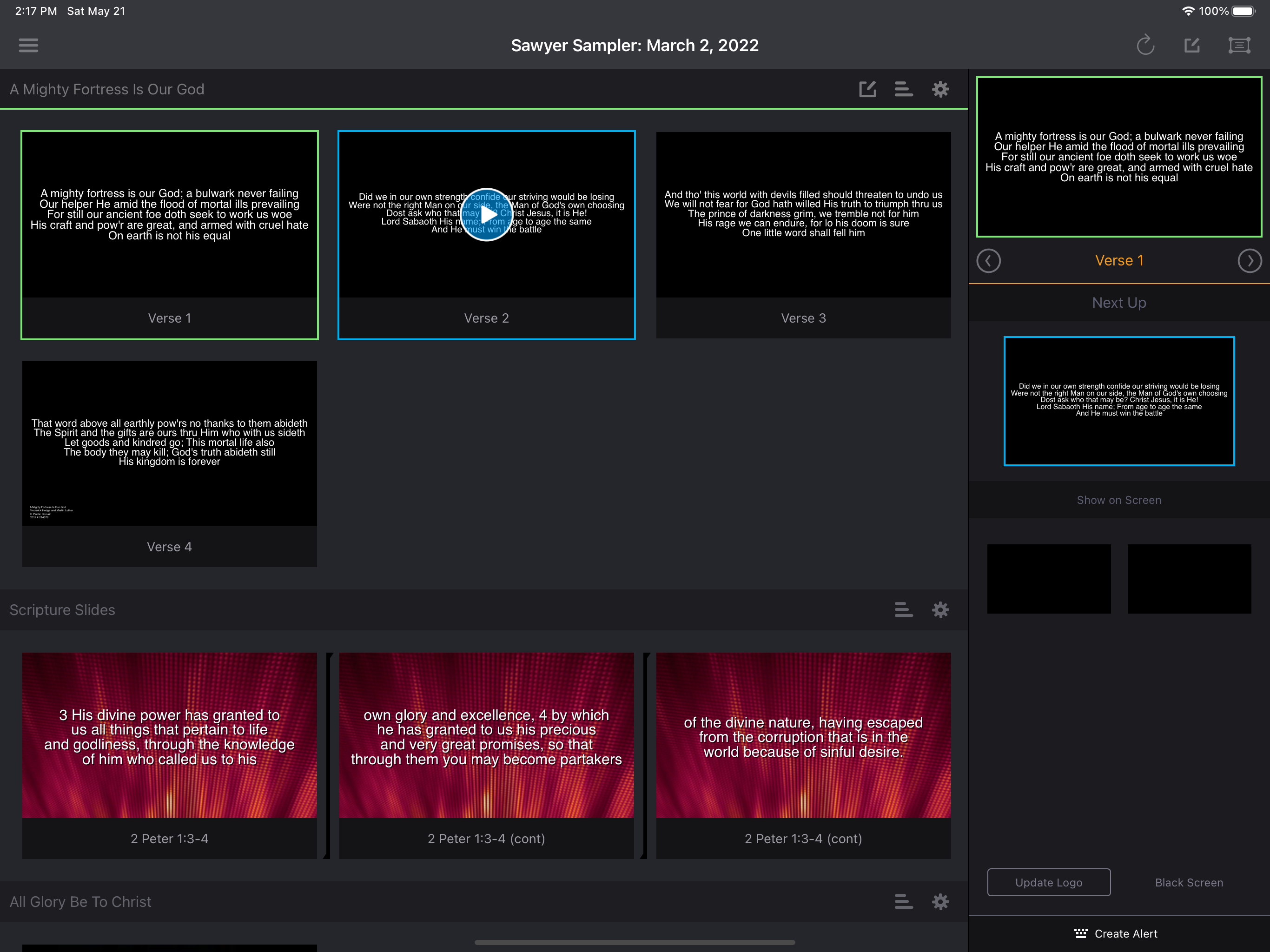 The plan after saving, with each verse of the song now fitting on a single slide
