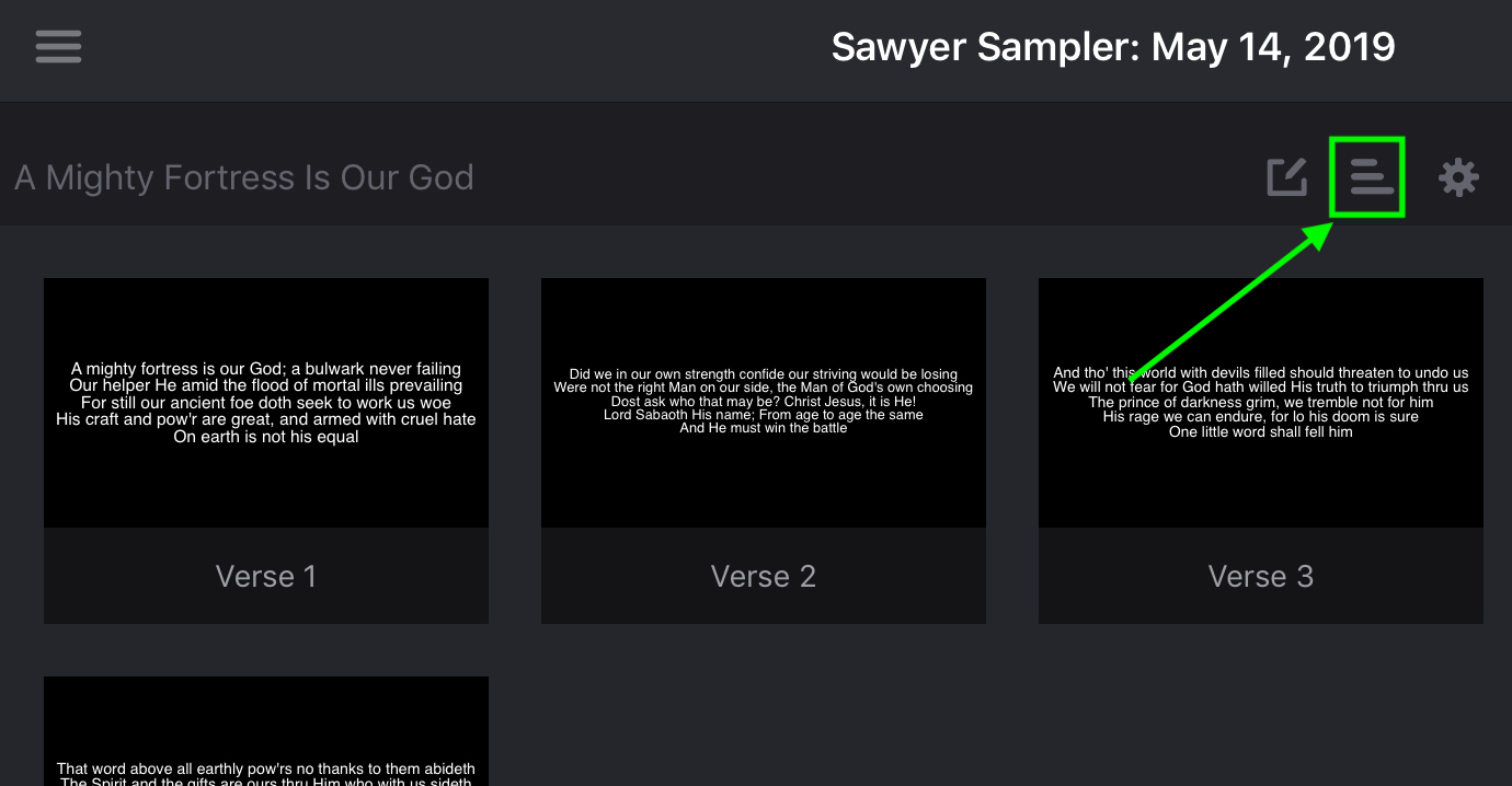 A song on the plan screen with the Sequence Viewer (list) icon highlighted in its header