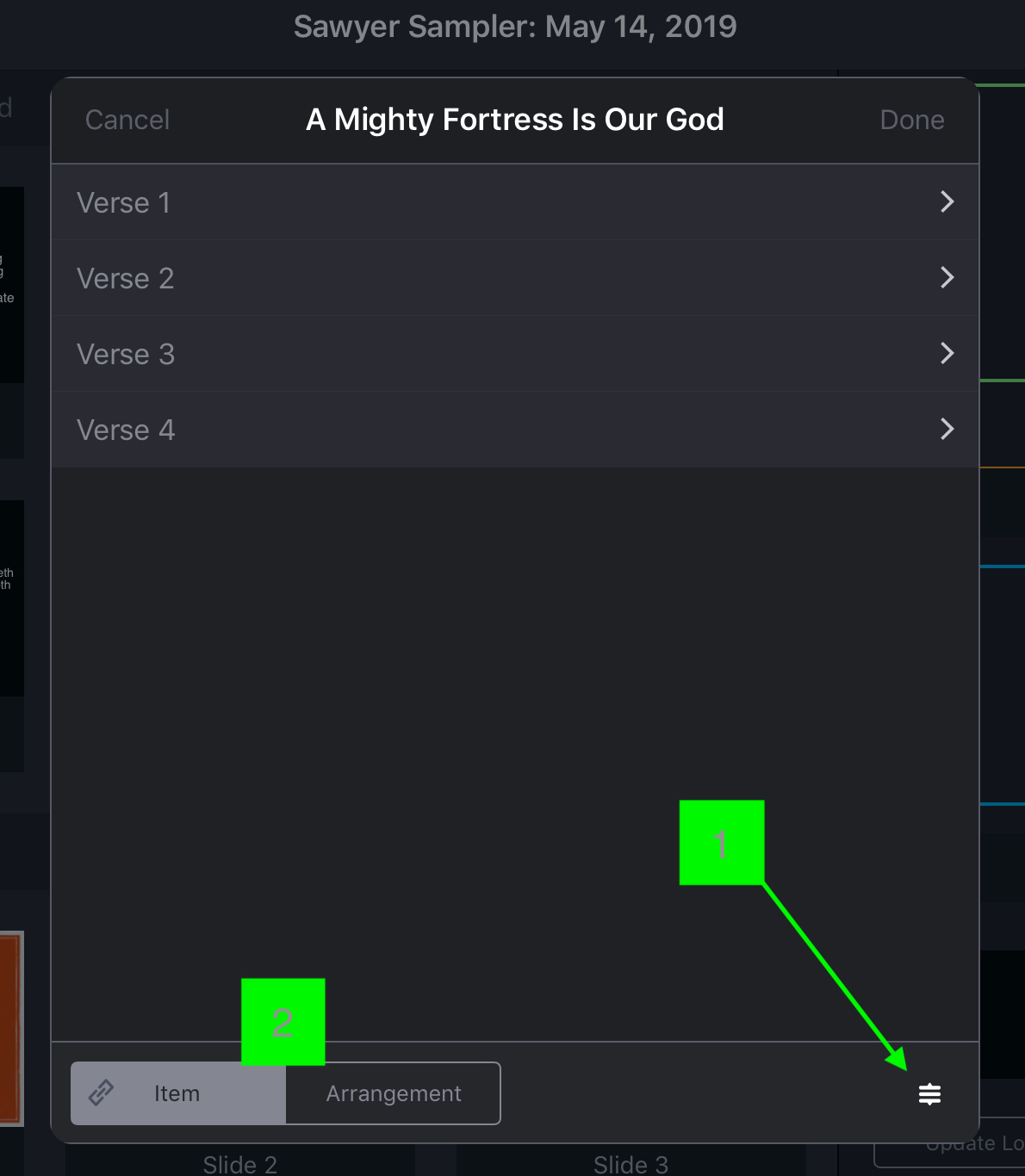 The sequence panel listing Verse 1 to Verse 4, with the edit (drag handle) control marked and an Item / Arrangement selector at the bottom
