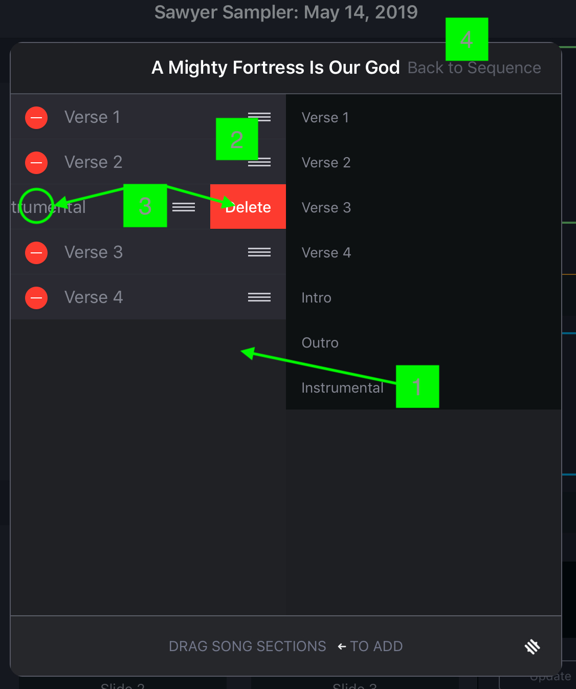 The sequence editor: the current sequence on the left with red minus buttons and drag handles, the section chooser on the right listing Verse 1-4, Intro, Outro and Instrumental, a Delete button revealed on one row, and Back to Sequence in the header