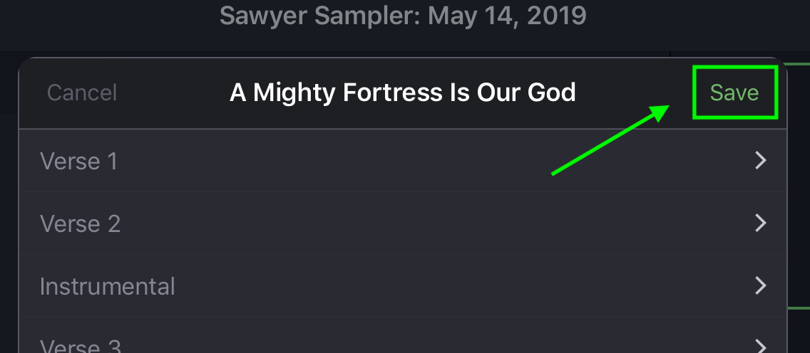 The sequence after adding Instrumental between Verse 2 and Verse 3, with Save highlighted