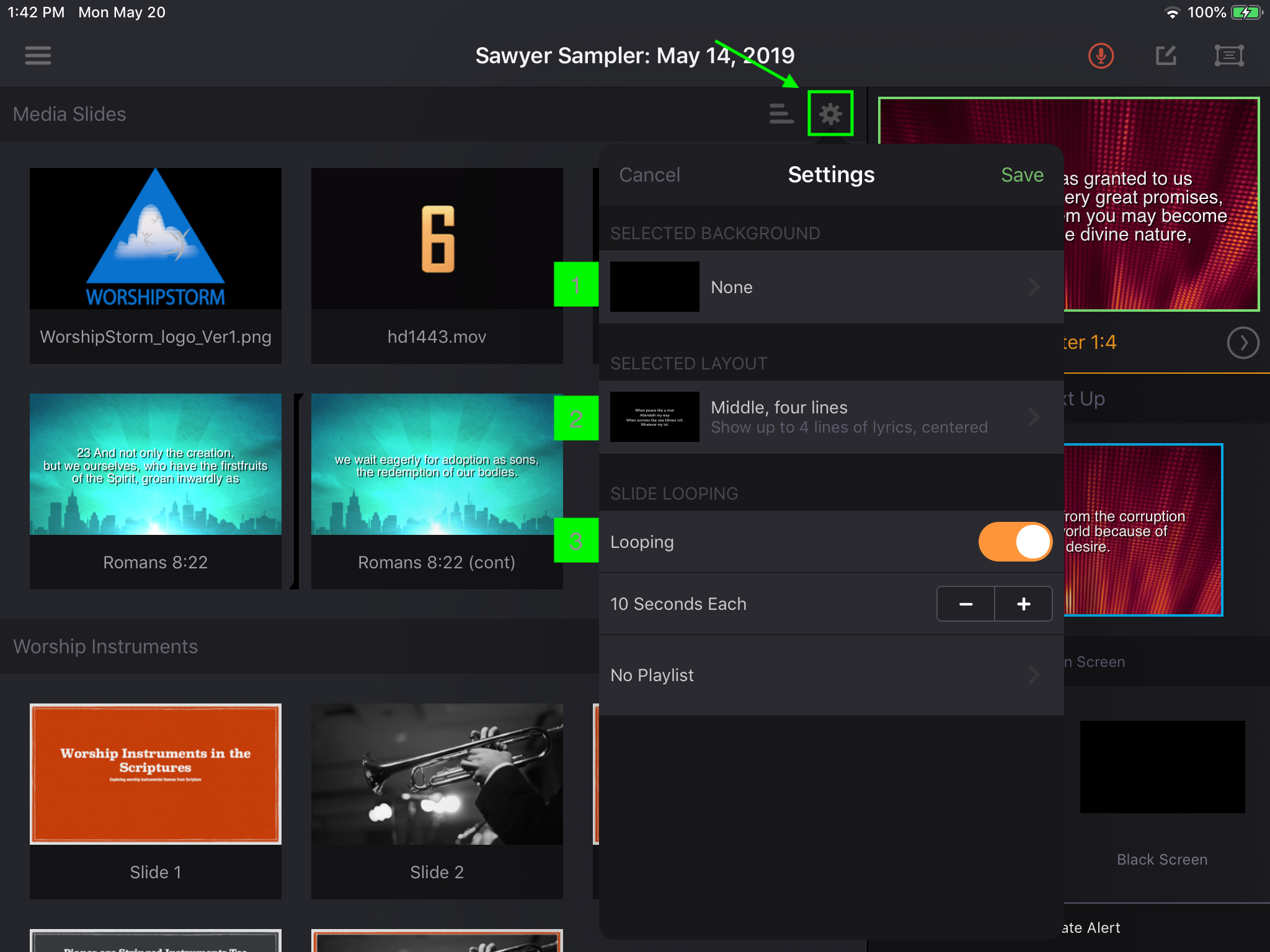 The item Settings panel opened from the gear icon, with the Selected Background, Selected Layout and Slide Looping sections marked, and Looping switched on with a 10 Seconds Each duration