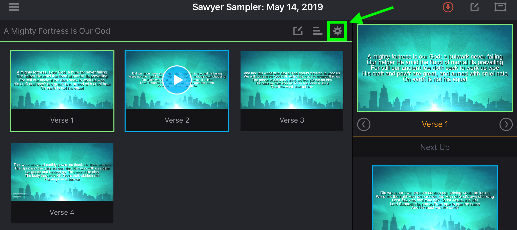 A song item on the plan screen with the gear (Settings) icon highlighted in its header