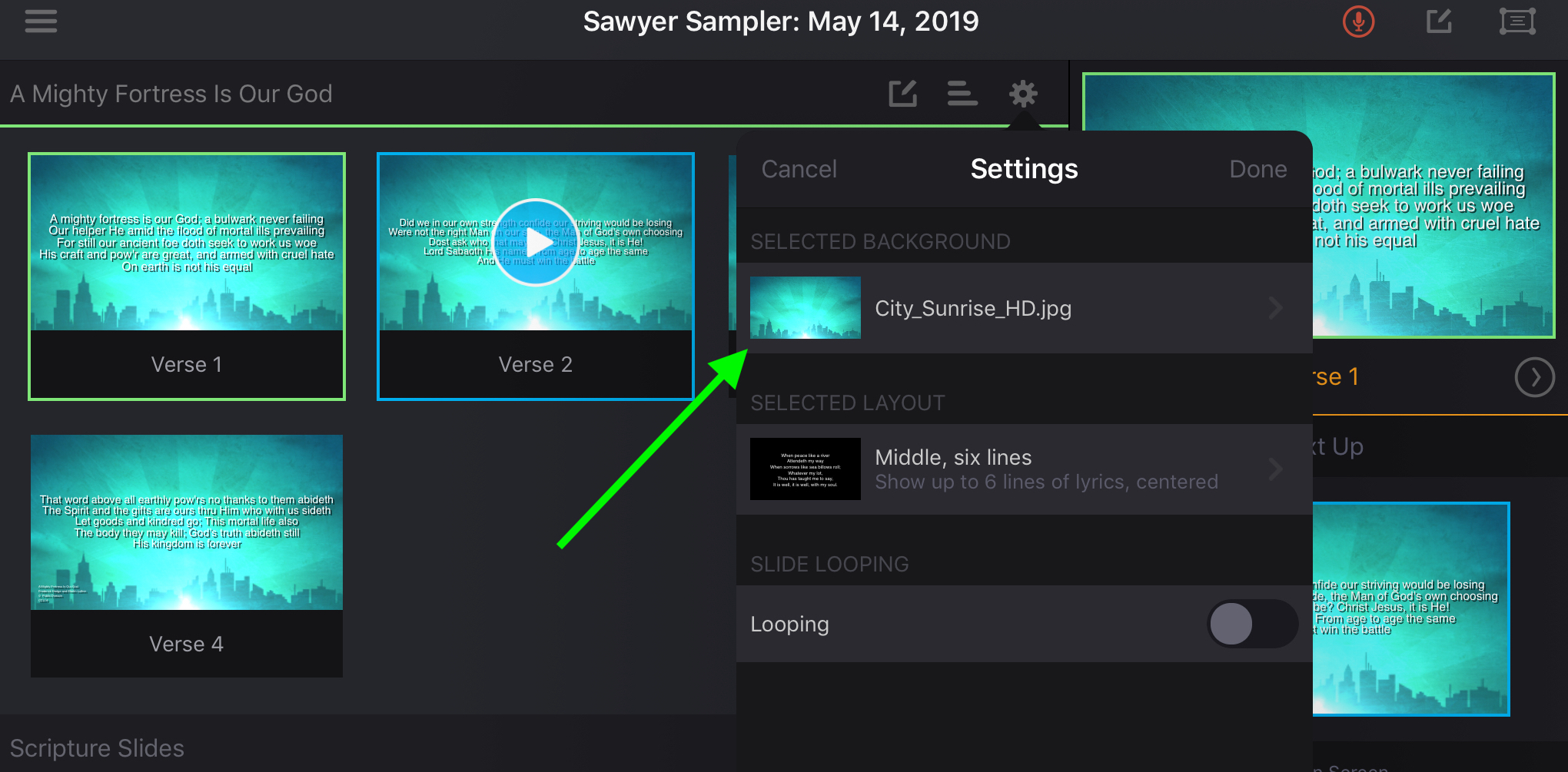 The item Settings panel, with the Selected Background row highlighted showing City_Sunrise_HD.jpg, above Selected Layout and a Slide Looping switch