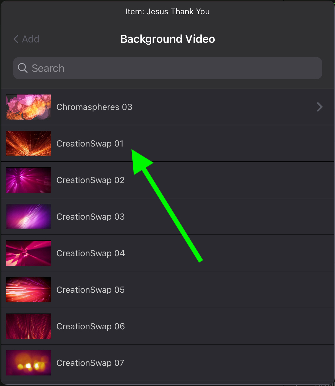 The Background Video list from the Planning Center media library, with a Search field at the top and thumbnails beside each video name