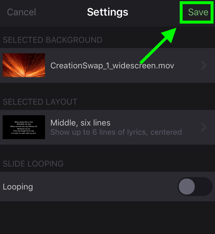 The item Settings panel showing the video as the Selected Background, with Save highlighted in the header