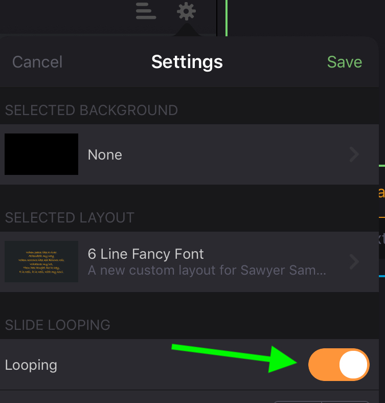 The item Settings panel with the Slide Looping switch turned on