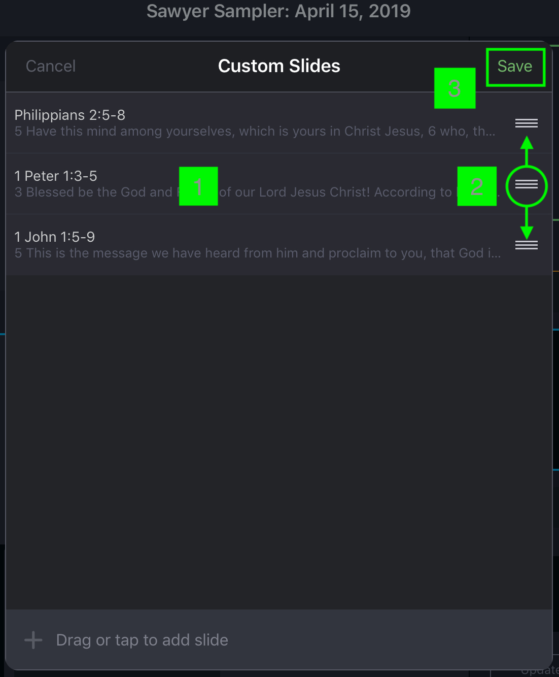 The Custom Slides list with three scripture slides, drag handles on each row for reordering, and Save in the header