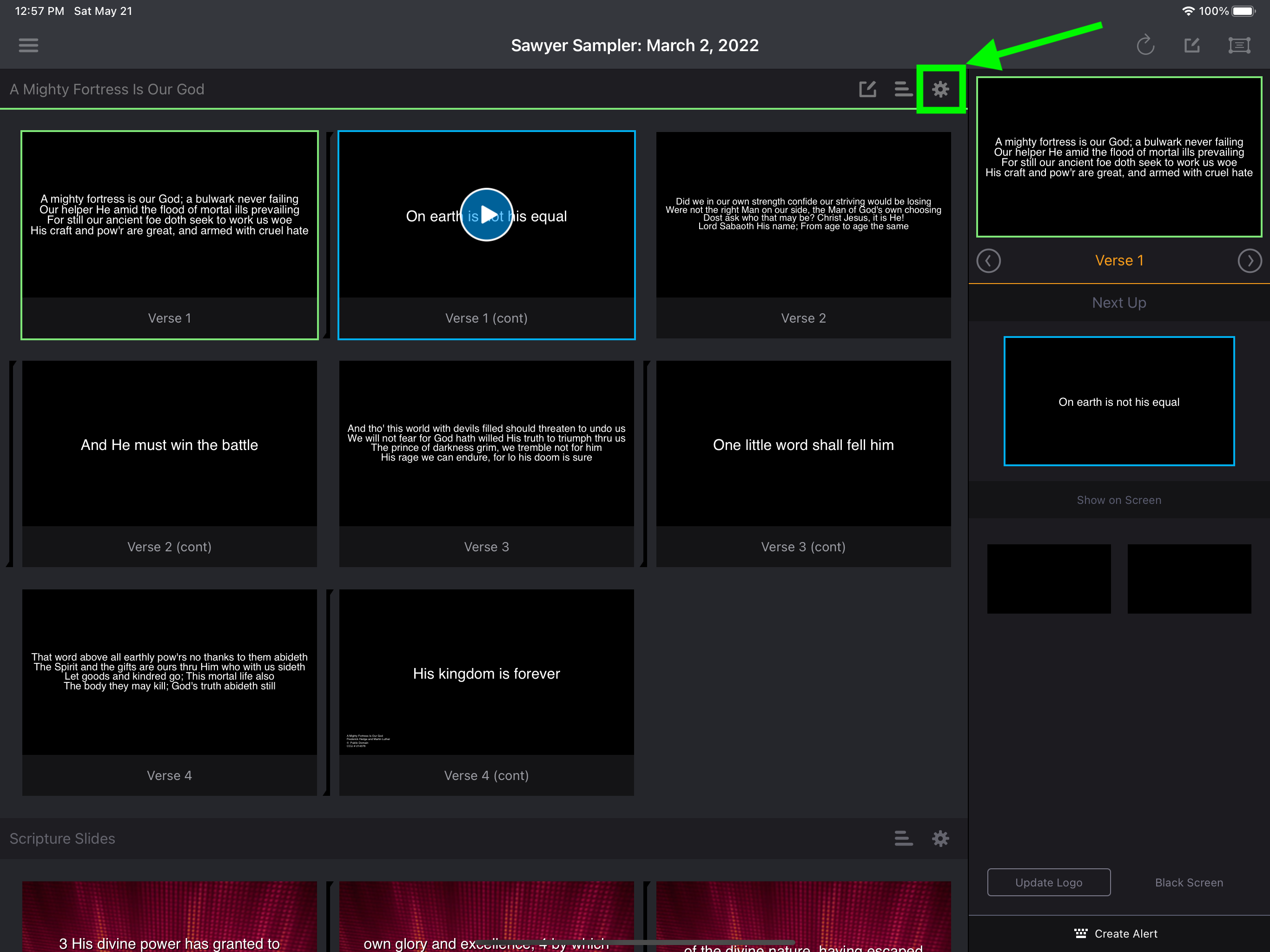 A song on the plan screen with the gear (Settings) icon highlighted, its verses split across two slides each under a four-line layout