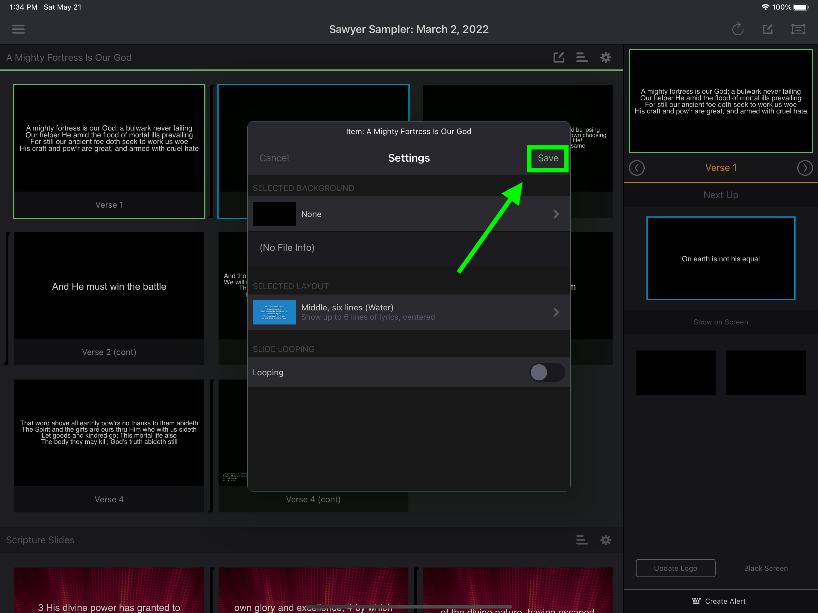 The item Settings panel showing the newly chosen layout, with Save highlighted