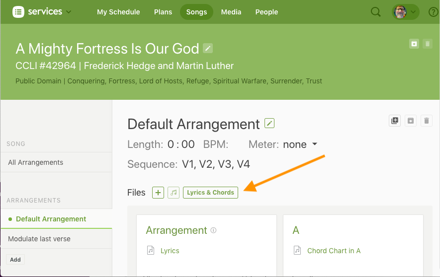 The Planning Center Services arrangement page for a song, with an arrow pointing at the Lyrics & Chords file