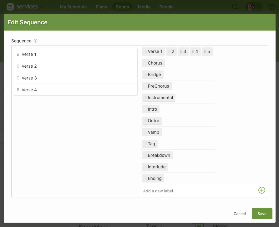 Planning Center's Edit Sequence dialog, with the song's sequence on the left and the available section labels — Verse, Chorus, Bridge, PreChorus, Instrumental and others — on the right