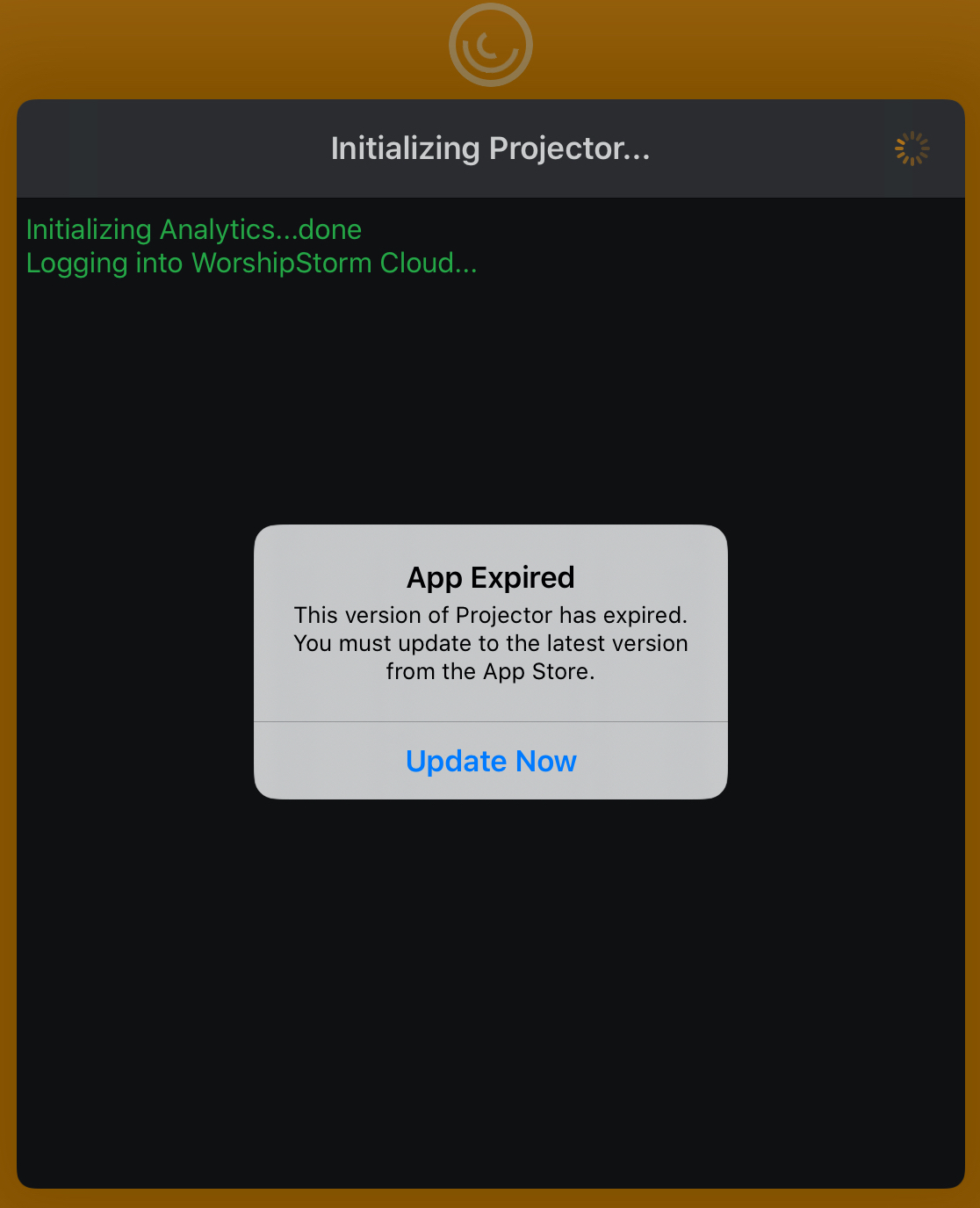 The Projector startup screen with an 'App Expired' dialog saying this version has expired and must be updated from the App Store, offering only Update Now
