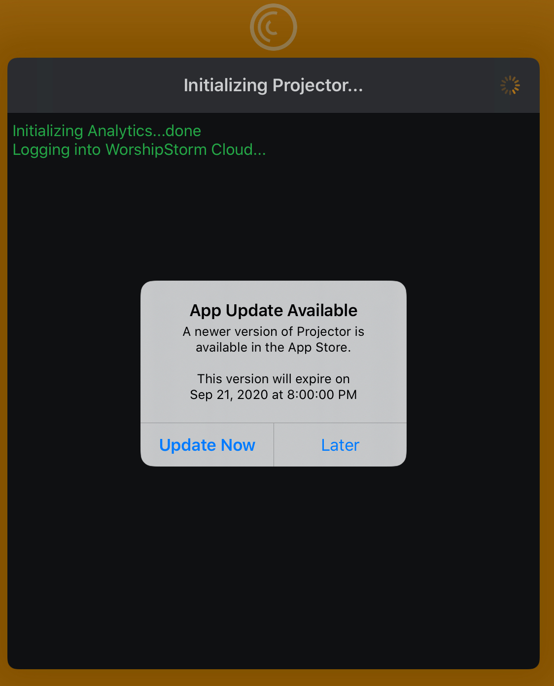 The Projector startup screen with an 'App Update Available' dialog saying a newer version is in the App Store and when this version expires, offering Update Now or Later